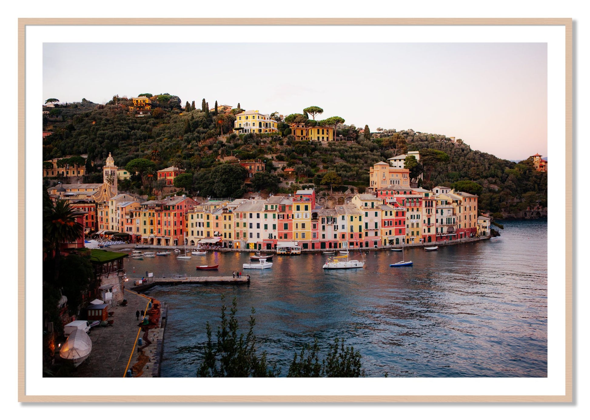 Portofino Italy by Dylan Ozanich, 40×60 print with a White Border in a Maple frame