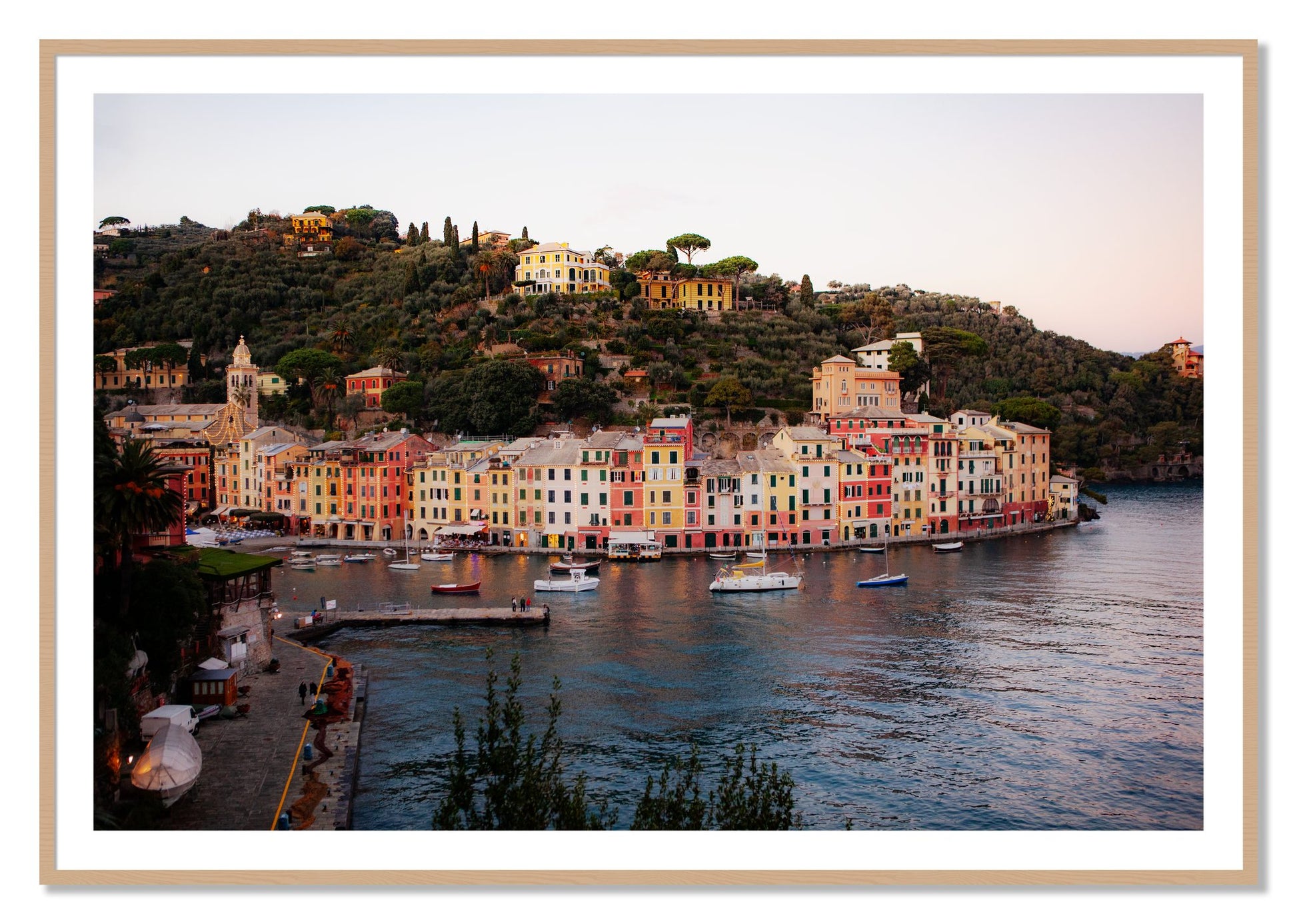 Portofino Italy by Dylan Ozanich, 40×60 print with a White Border in an Oak frame