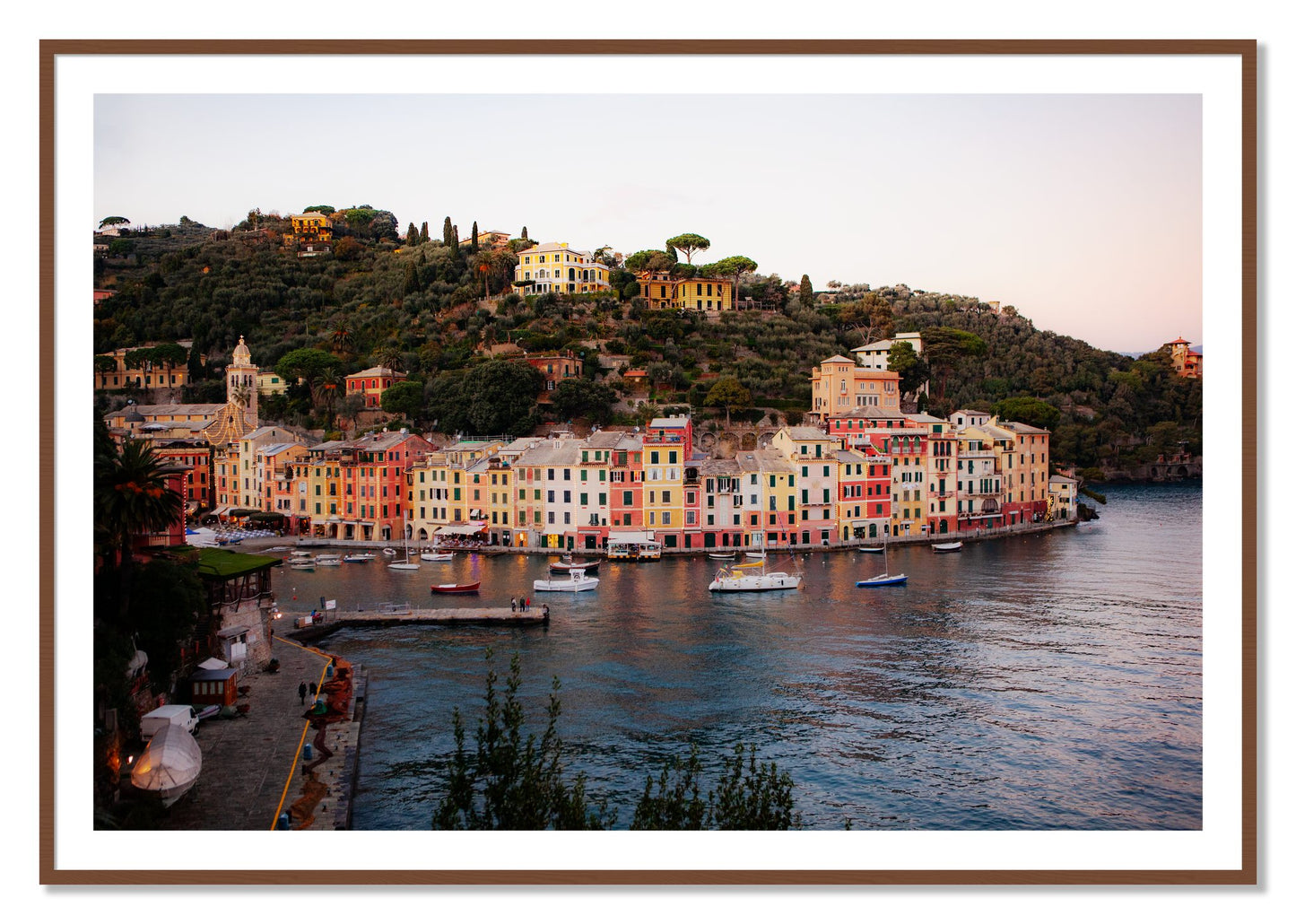 Portofino Italy by Dylan Ozanich, 40×60 print with a White Border in a Walnut frame