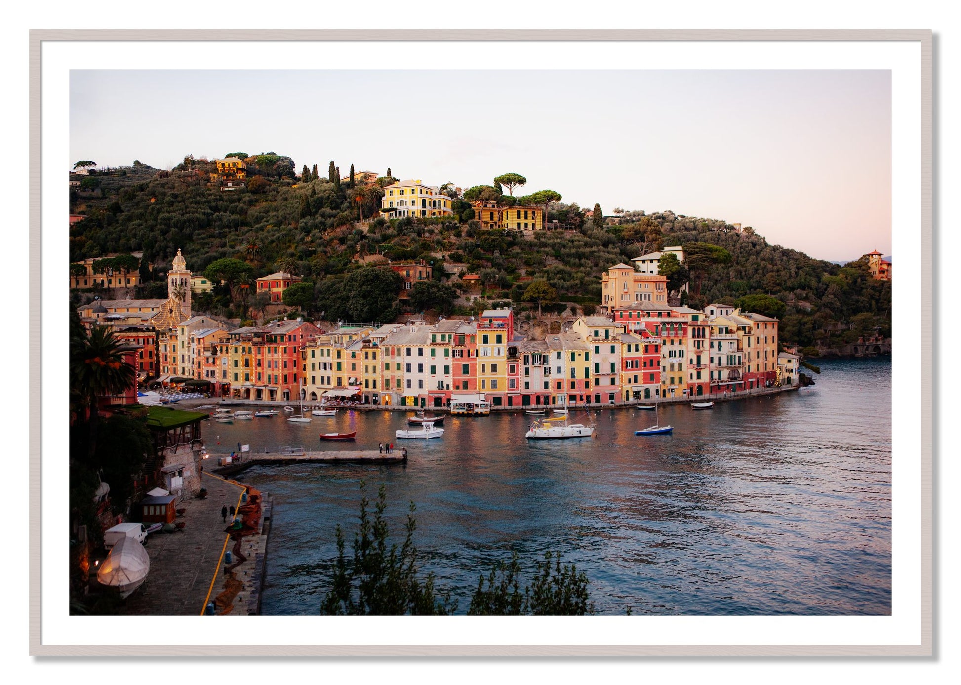 Portofino Italy by Dylan Ozanich, 40×60 print with a White Border in a White Maple frame