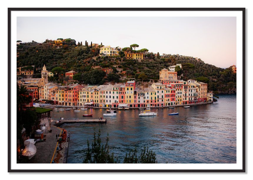 Portofino Italy by Dylan Ozanich, 48×72 print with a White Border in a Black Walnut frame