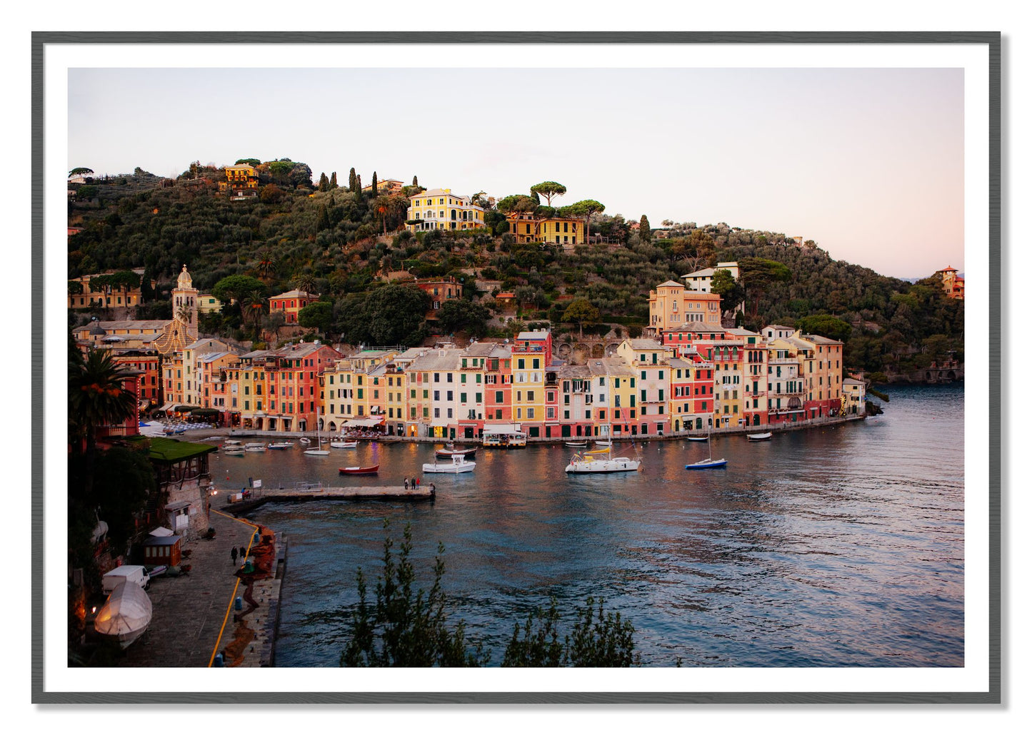 Portofino Italy by Dylan Ozanich, 48×72 print with a White Border in a Grey frame