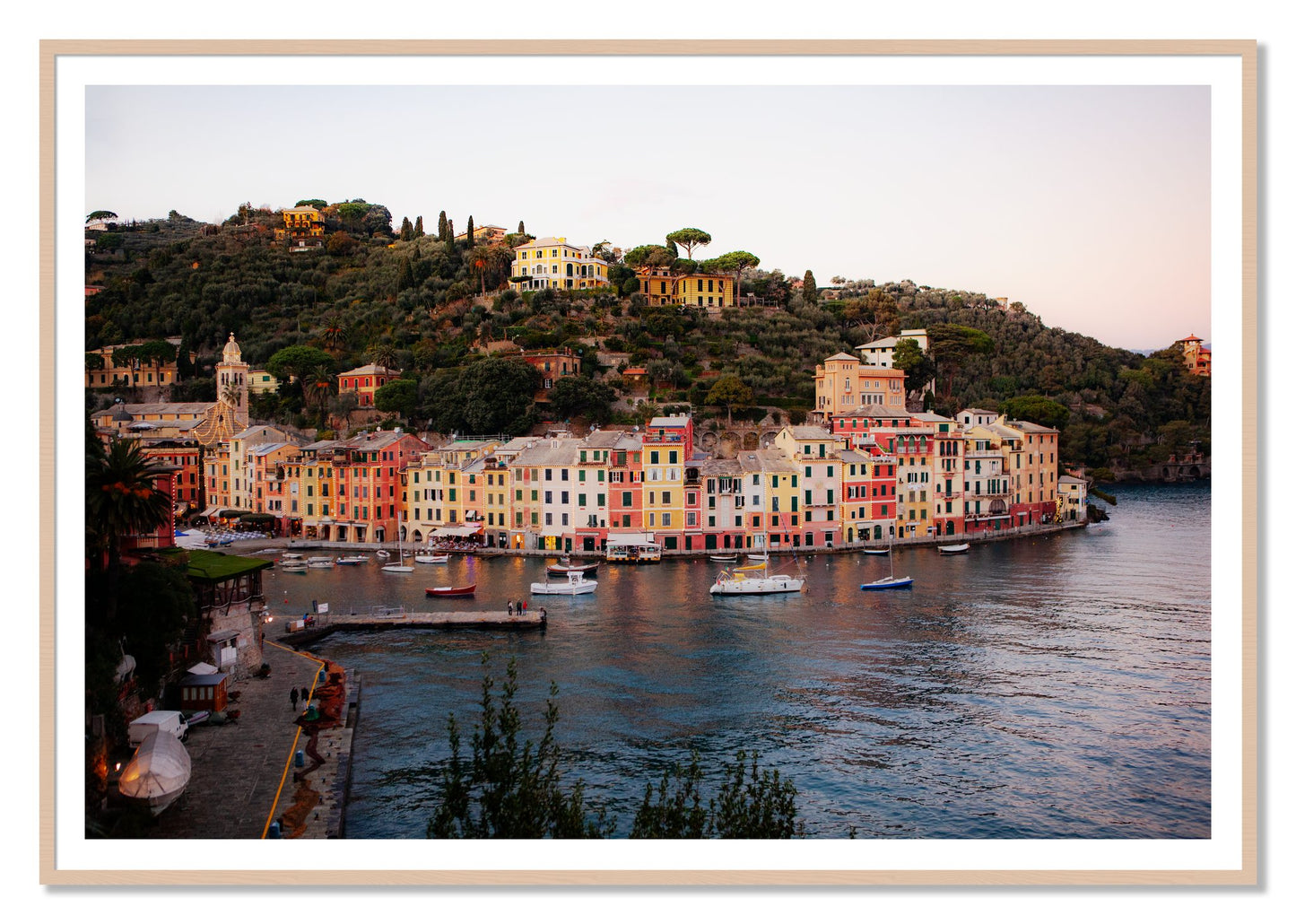 Portofino Italy by Dylan Ozanich, 48×72 print with a White Border in a Maple frame