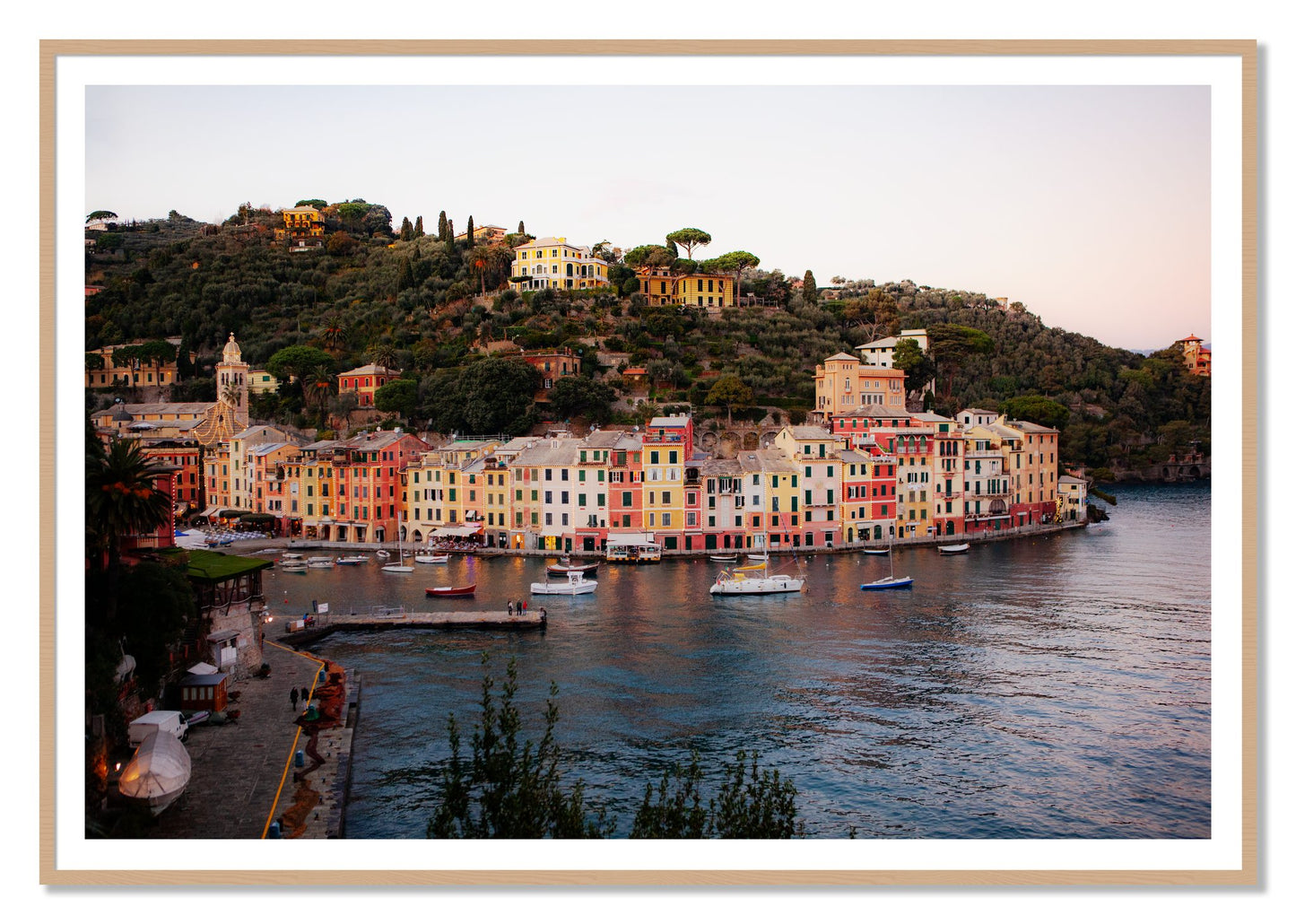 Portofino Italy by Dylan Ozanich, 48×72 print with a White Border in an Oak frame