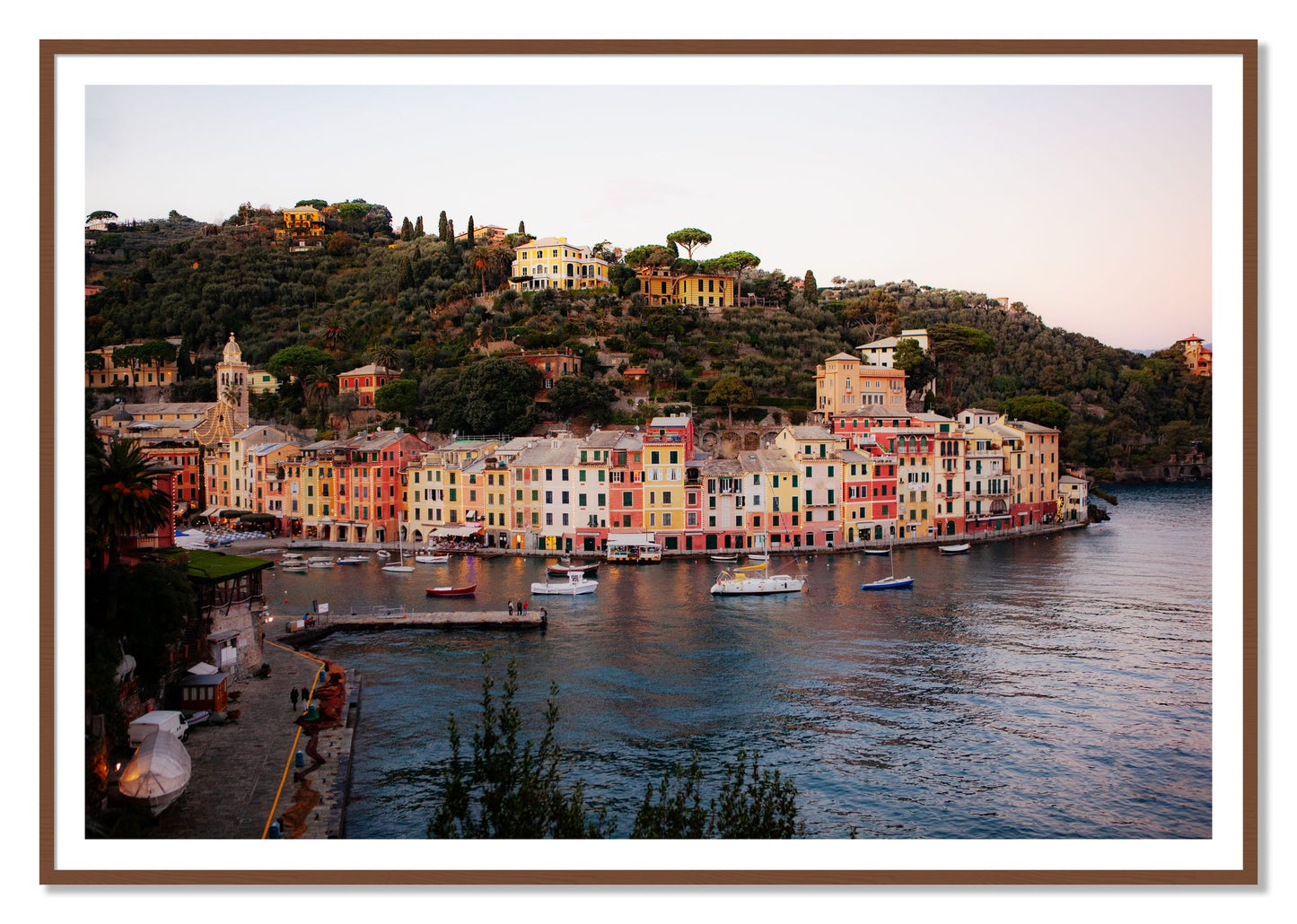 Portofino Italy by Dylan Ozanich, 48×72 print with a White Border in a Walnut frame