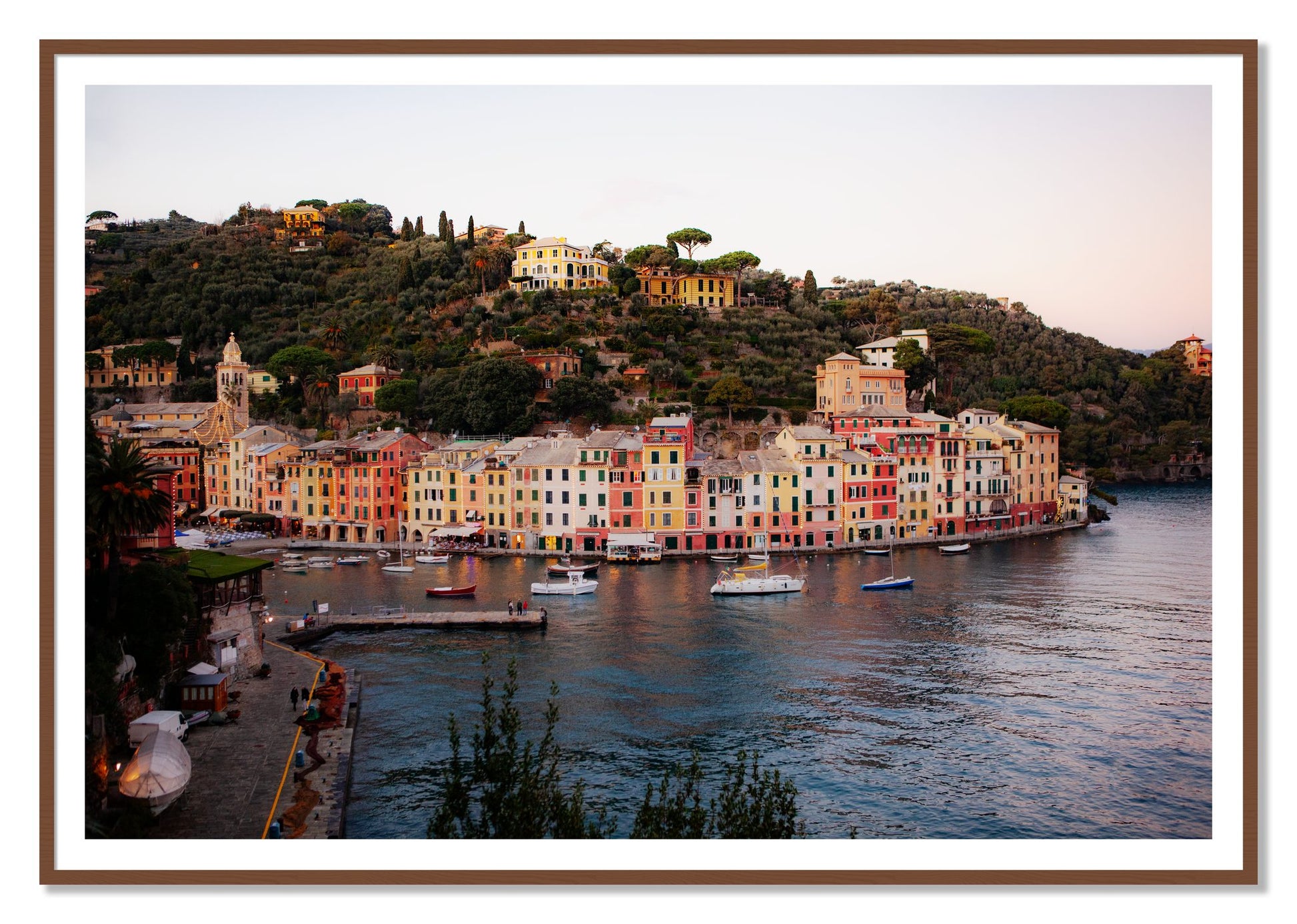 Portofino Italy by Dylan Ozanich, 48×72 print with a White Border in a Walnut frame