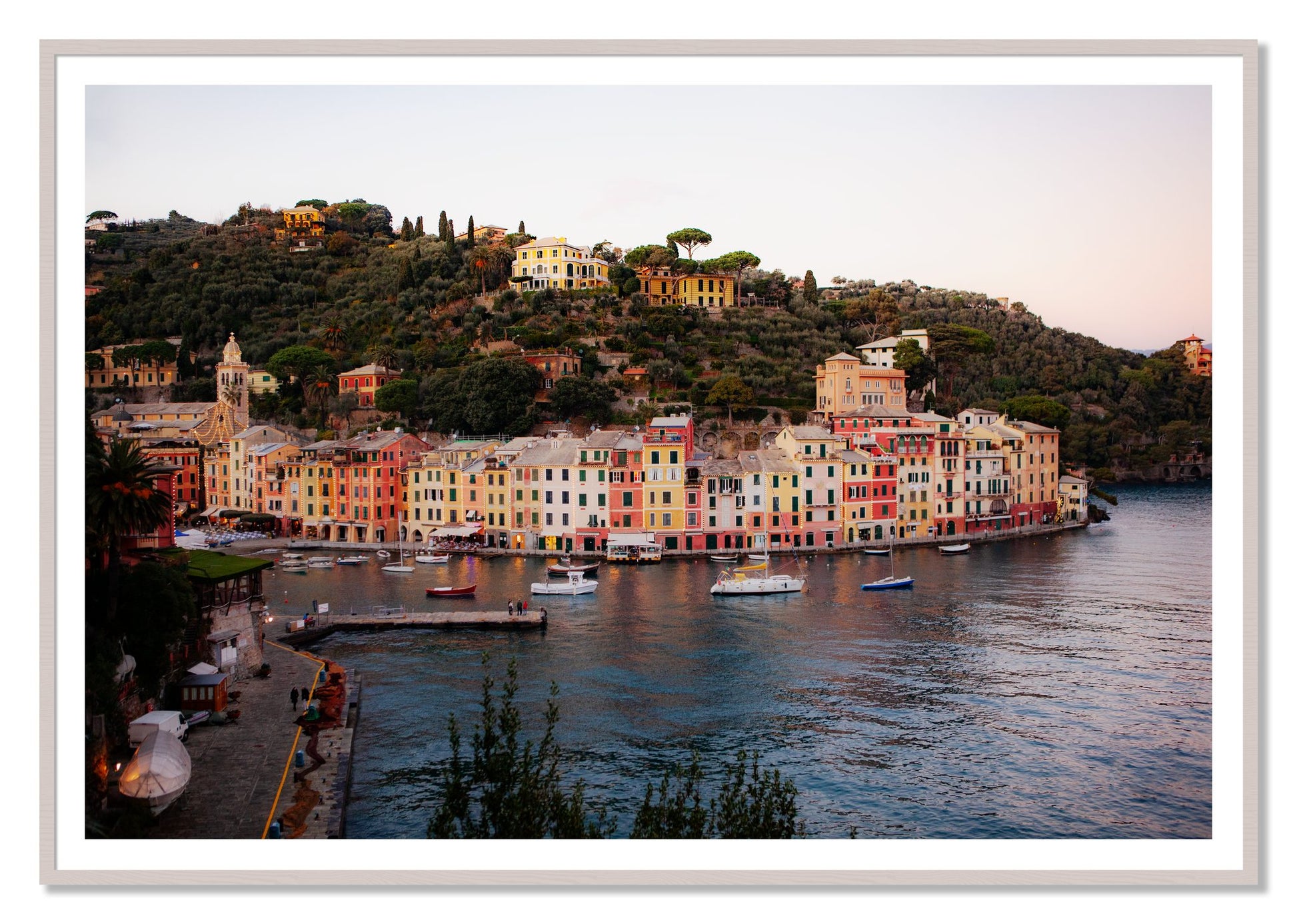 Portofino Italy by Dylan Ozanich, 48×72 print with a White Border in a White Maple frame