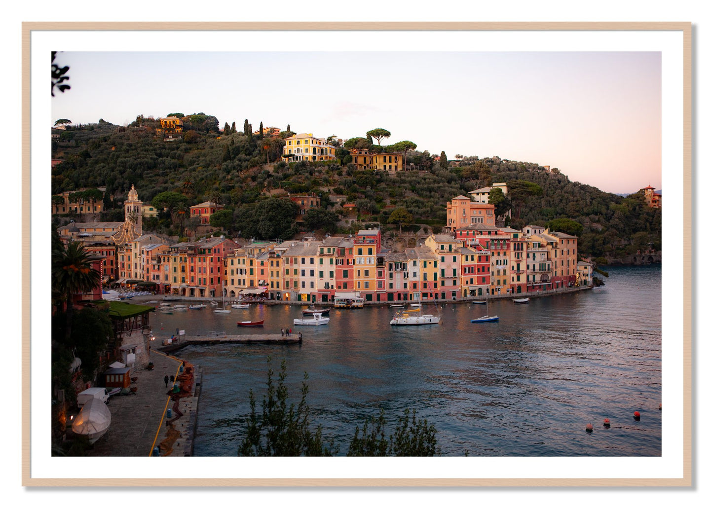 Framed photograph of Portofino Italy by Dylan Ozanich, Maple frame, Borders