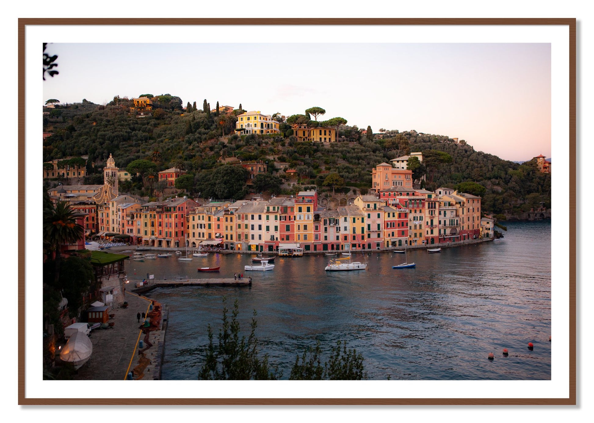 Framed photograph of Portofino Italy by Dylan Ozanich, Walnut frame, Borders