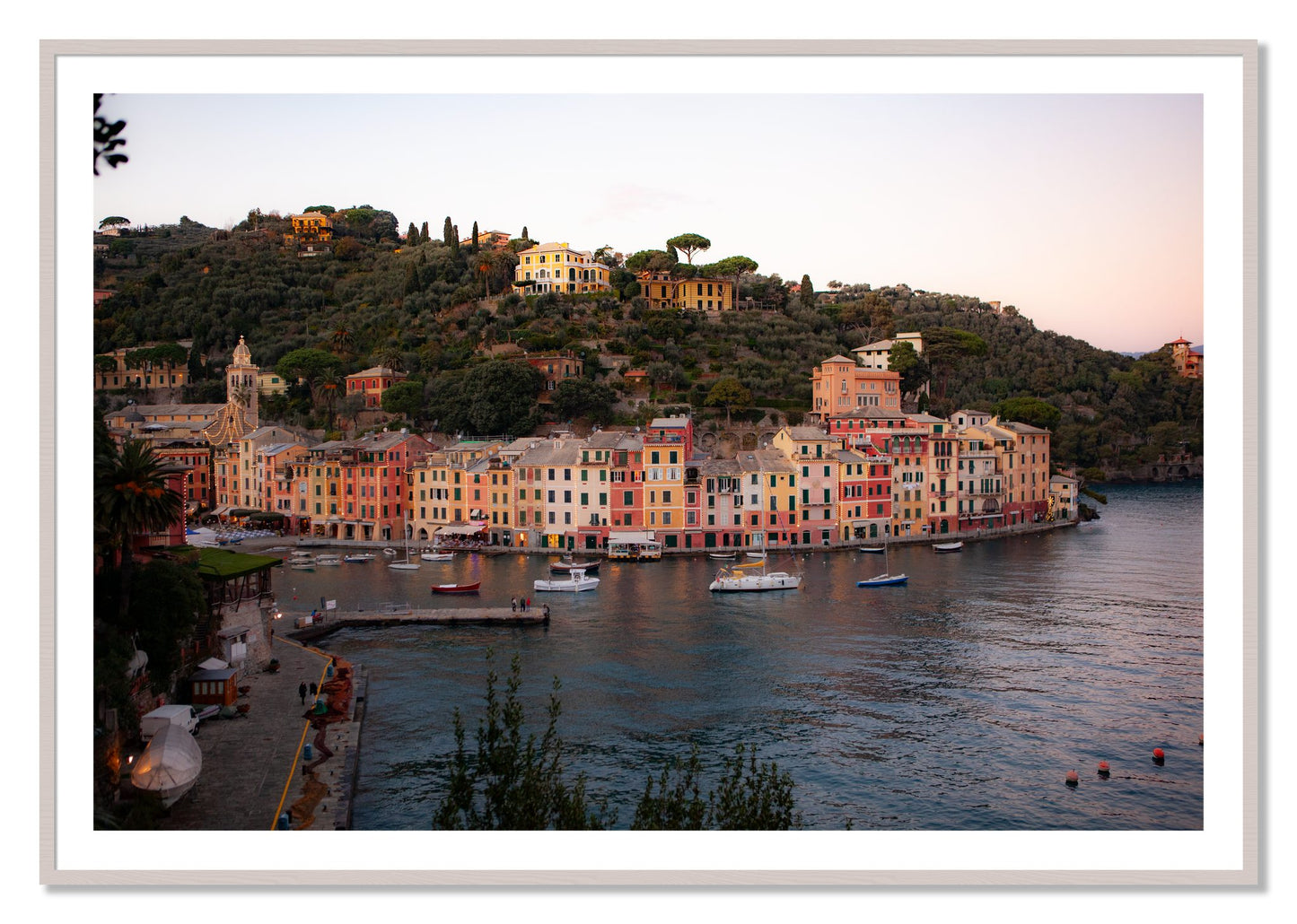 Framed photograph of Portofino Italy by Dylan Ozanich, White Maple frame, Borders