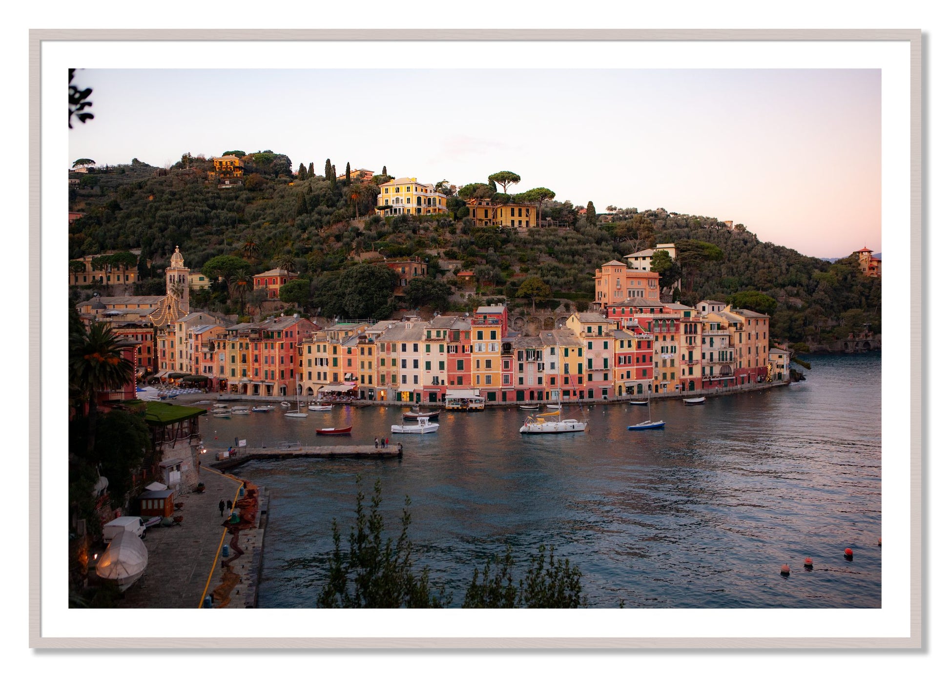 Framed photograph of Portofino Italy by Dylan Ozanich, White Maple frame, Borders