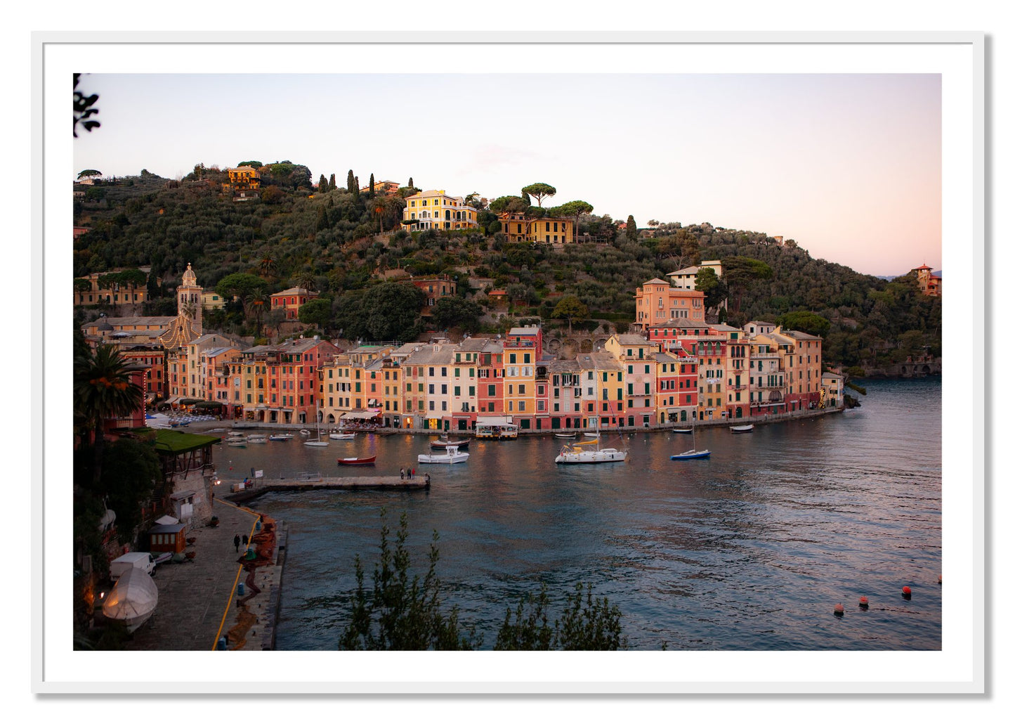 Framed photograph of Portofino Italy by Dylan Ozanich, White frame, Borders