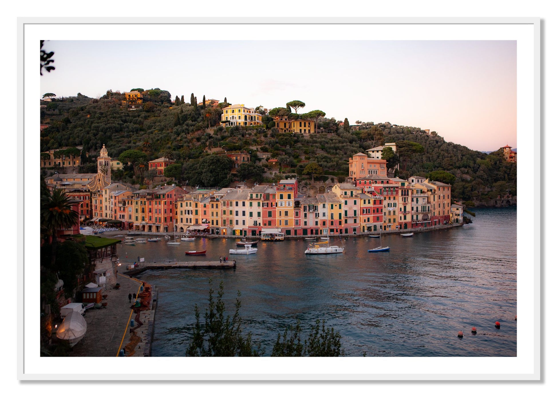 Framed photograph of Portofino Italy by Dylan Ozanich, White frame, Borders