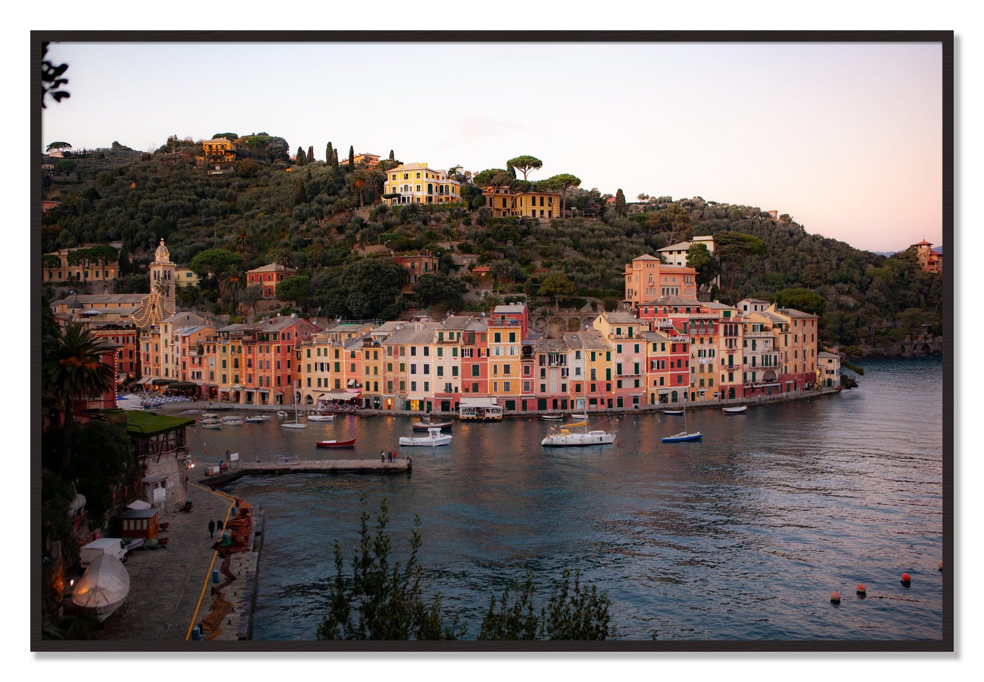 Framed photograph of Portofino Italy by Dylan Ozanich, Black Walnut frame, Full Bleed