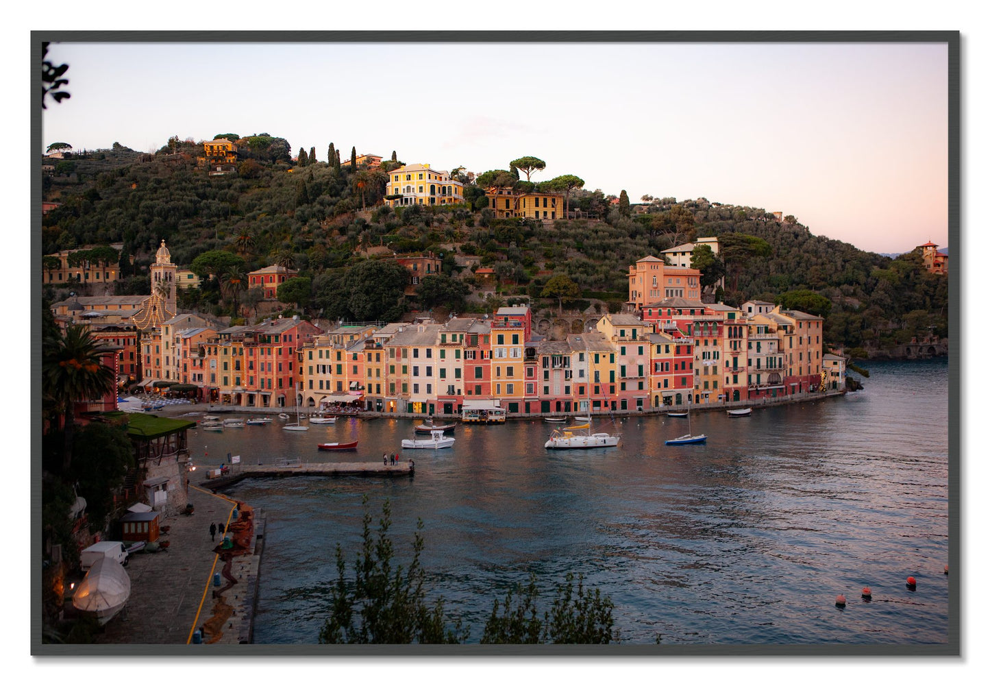 Framed photograph of Portofino Italy by Dylan Ozanich, Grey frame, Full Bleed