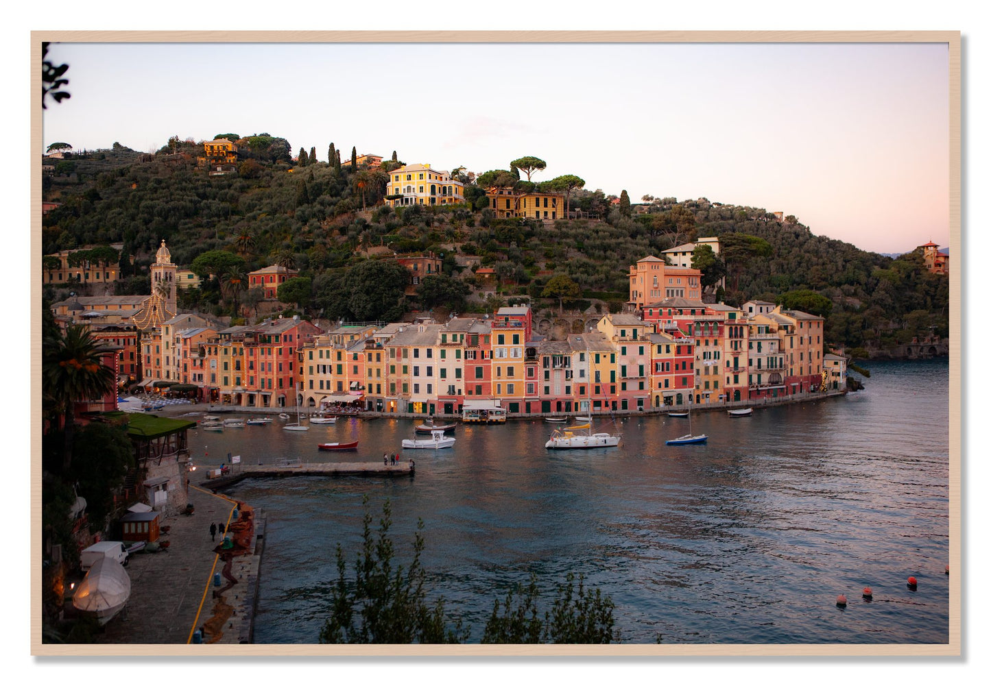 Framed photograph of Portofino Italy by Dylan Ozanich, Maple frame, Full Bleed