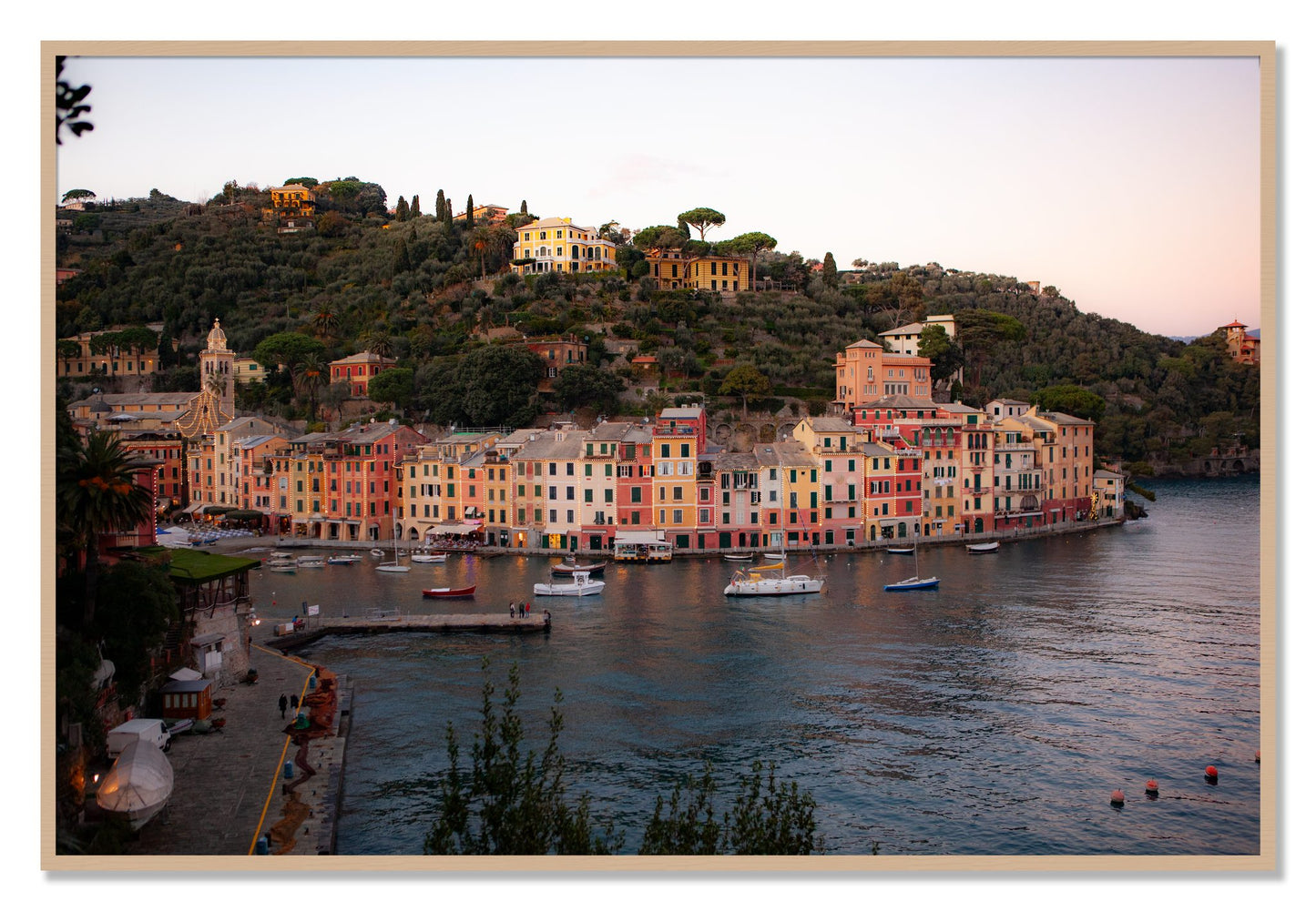 Framed photograph of Portofino Italy by Dylan Ozanich, Oak frame, Full Bleed