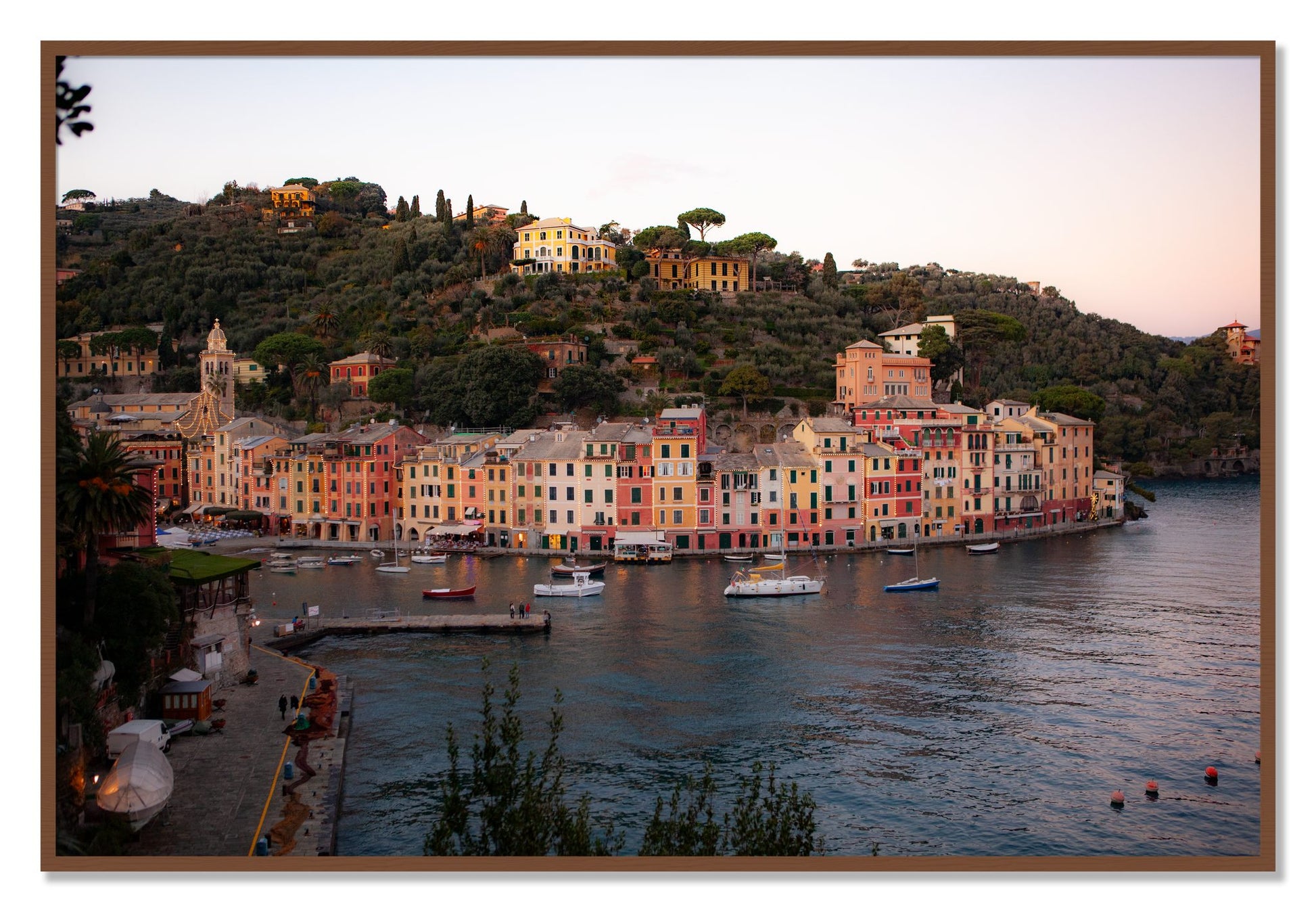 Framed photograph of Portofino Italy by Dylan Ozanich, Walnut frame, Full Bleed