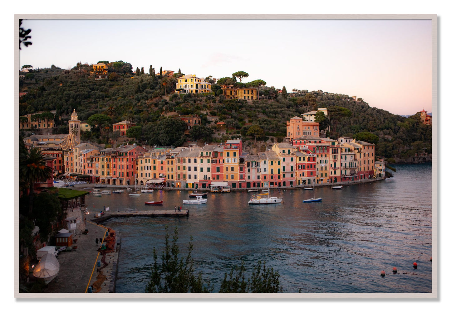 Framed photograph of Portofino Italy by Dylan Ozanich, White Maple frame, Full Bleed
