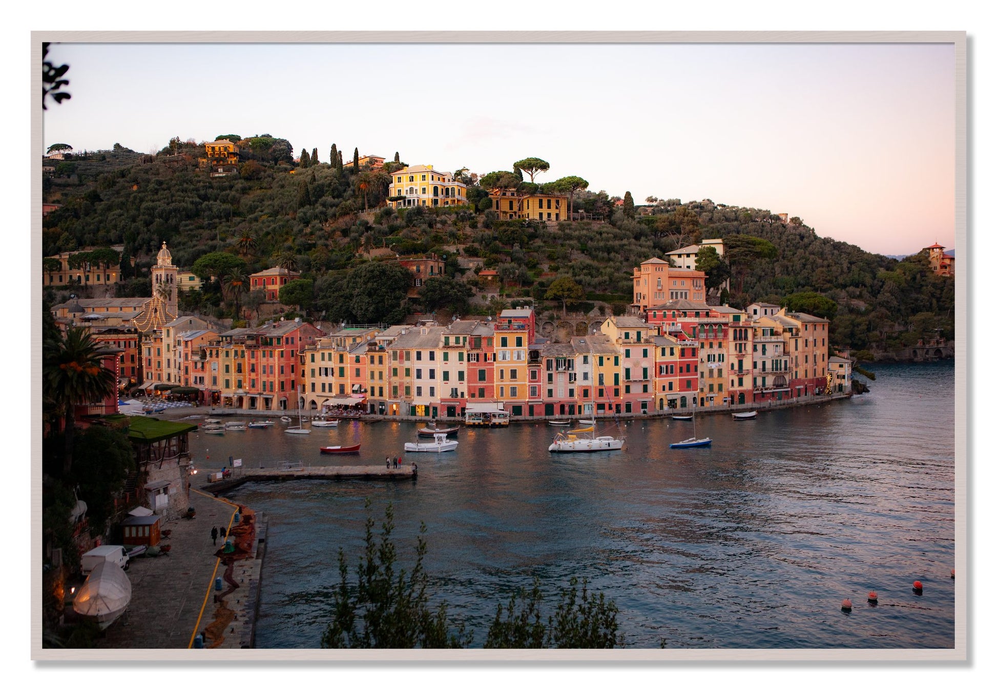 Framed photograph of Portofino Italy by Dylan Ozanich, White Maple frame, Full Bleed