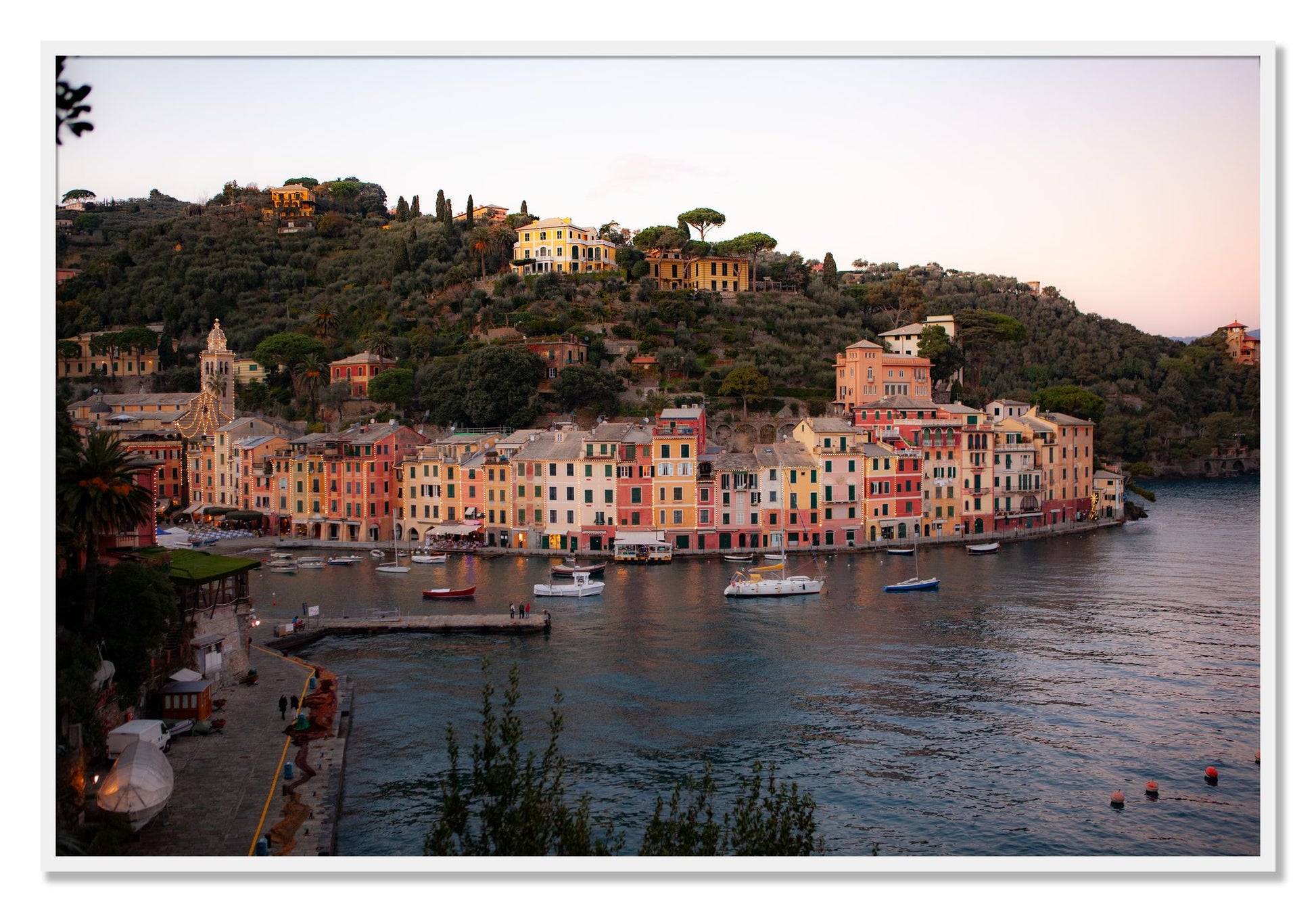 Framed photograph of Portofino Italy by Dylan Ozanich, White frame, Full Bleed