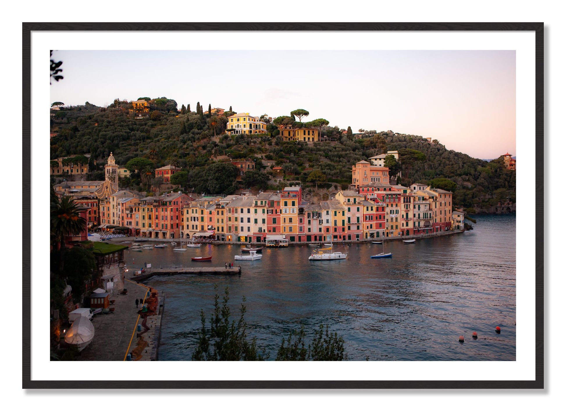 Framed photograph of Portofino Italy by Dylan Ozanich, Black Walnut frame, Borders