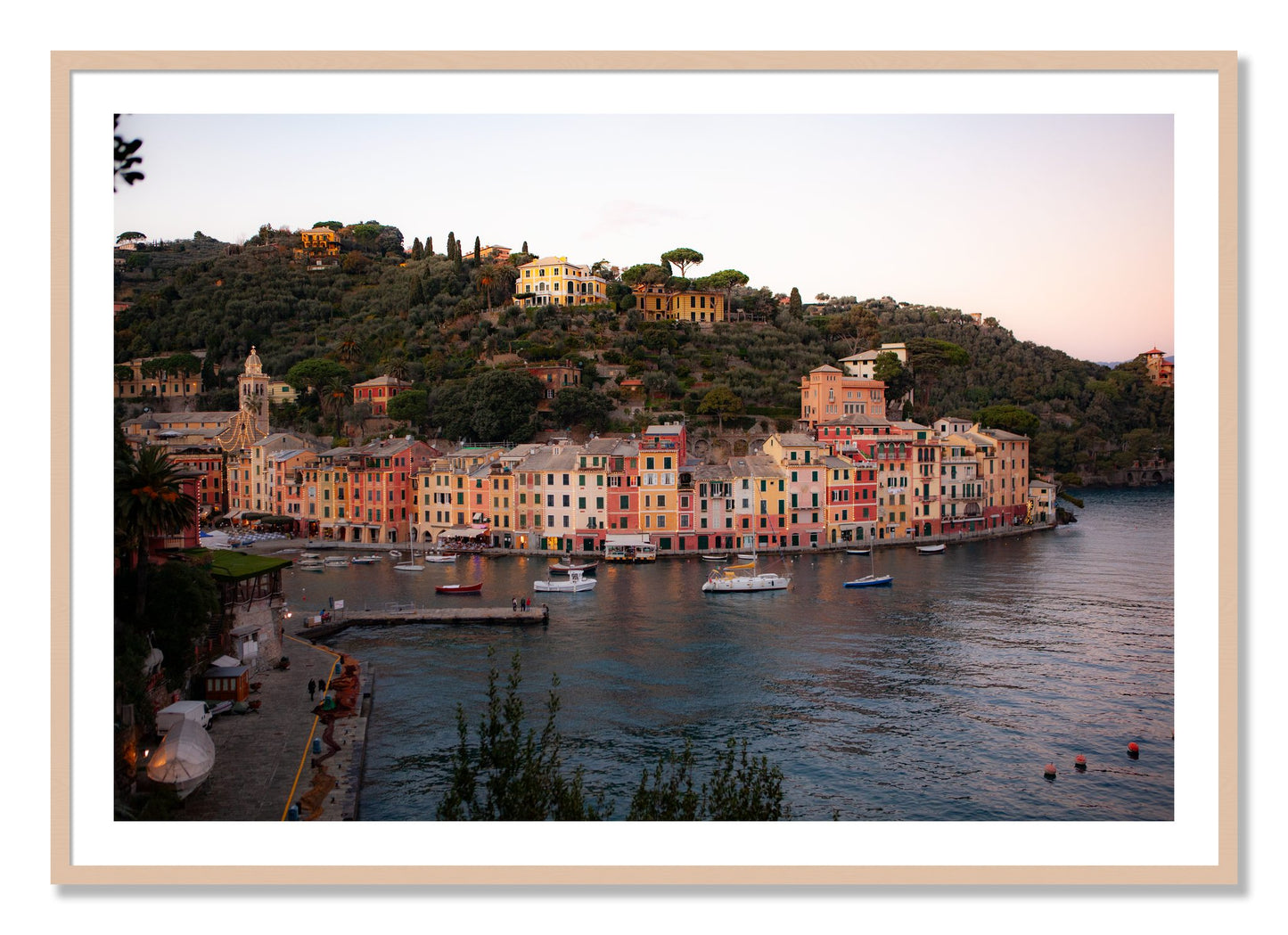 Framed photograph of Portofino Italy by Dylan Ozanich, Maple frame, Borders