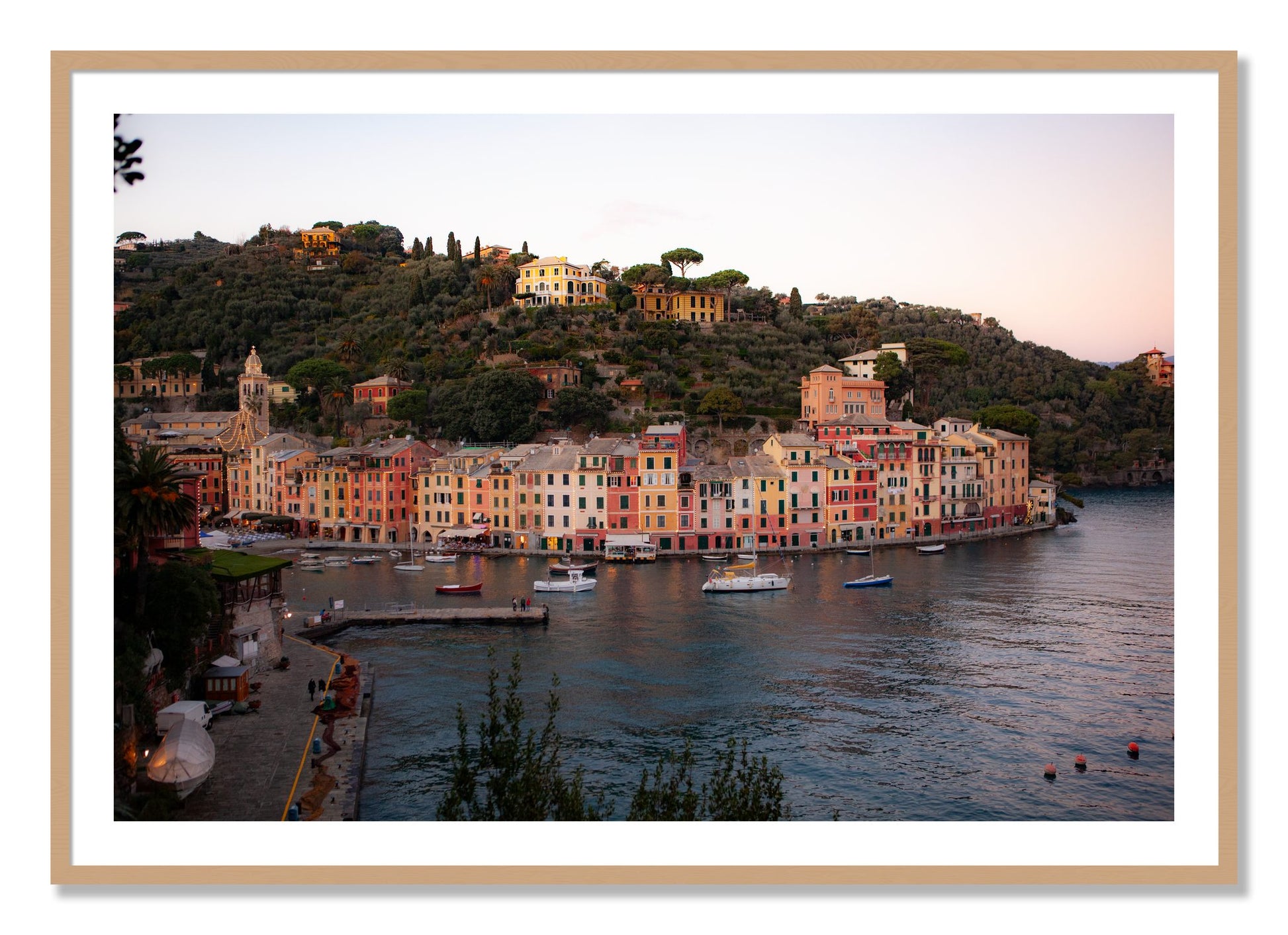 Framed photograph of Portofino Italy by Dylan Ozanich, Oak frame, Borders
