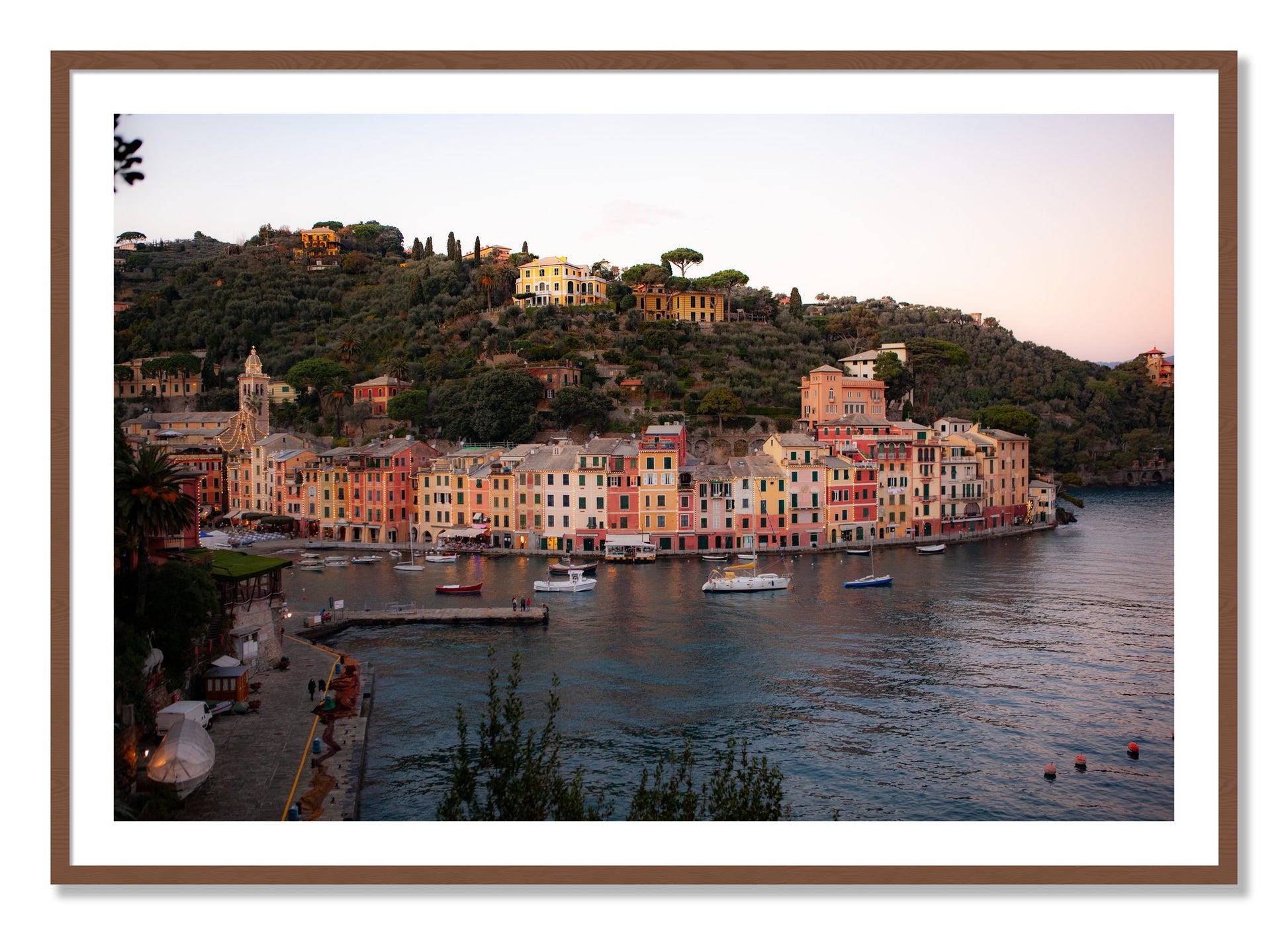 Framed photograph of Portofino Italy by Dylan Ozanich, Walnut frame, Borders