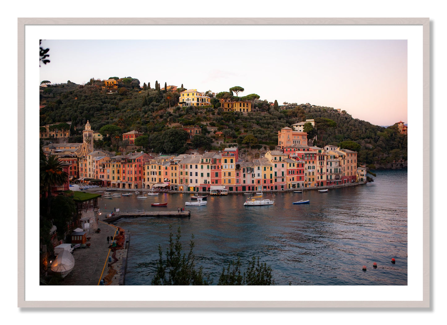 Framed photograph of Portofino Italy by Dylan Ozanich, White Maple frame, Borders
