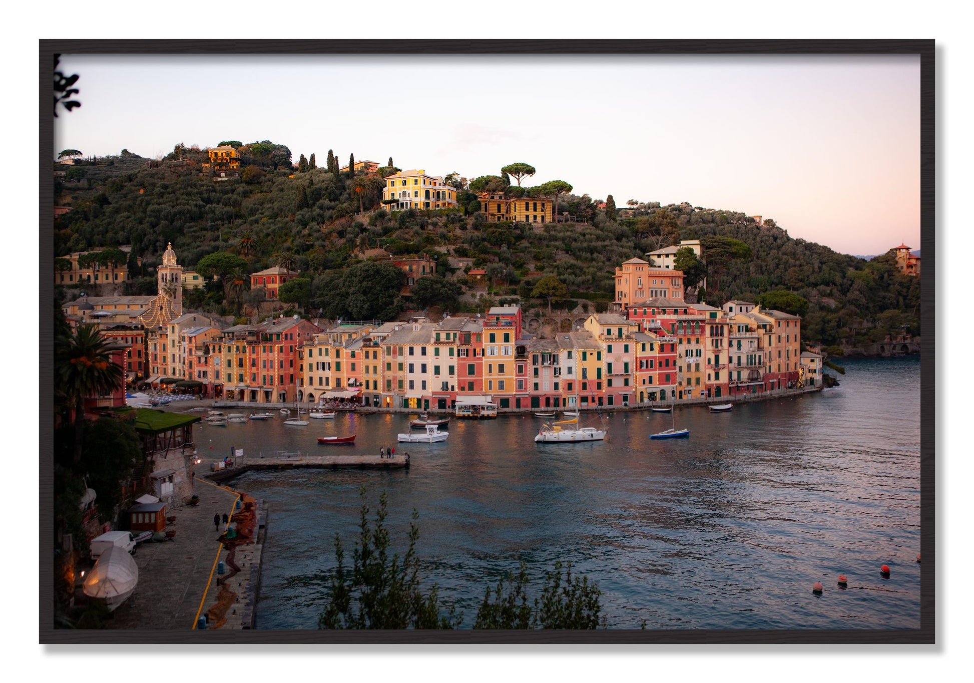 Framed photograph of Portofino Italy by Dylan Ozanich, Black Walnut frame, Full Bleed