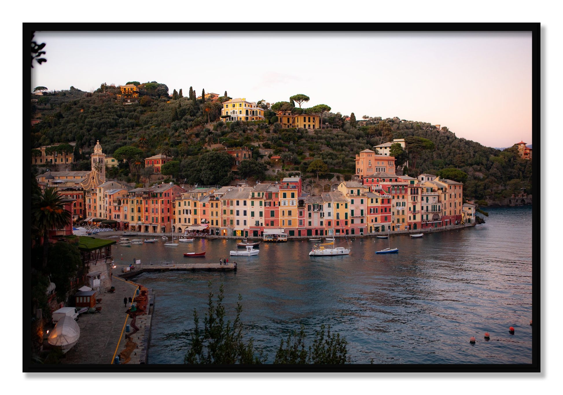 Framed photograph of Portofino Italy by Dylan Ozanich, Black frame, Full Bleed