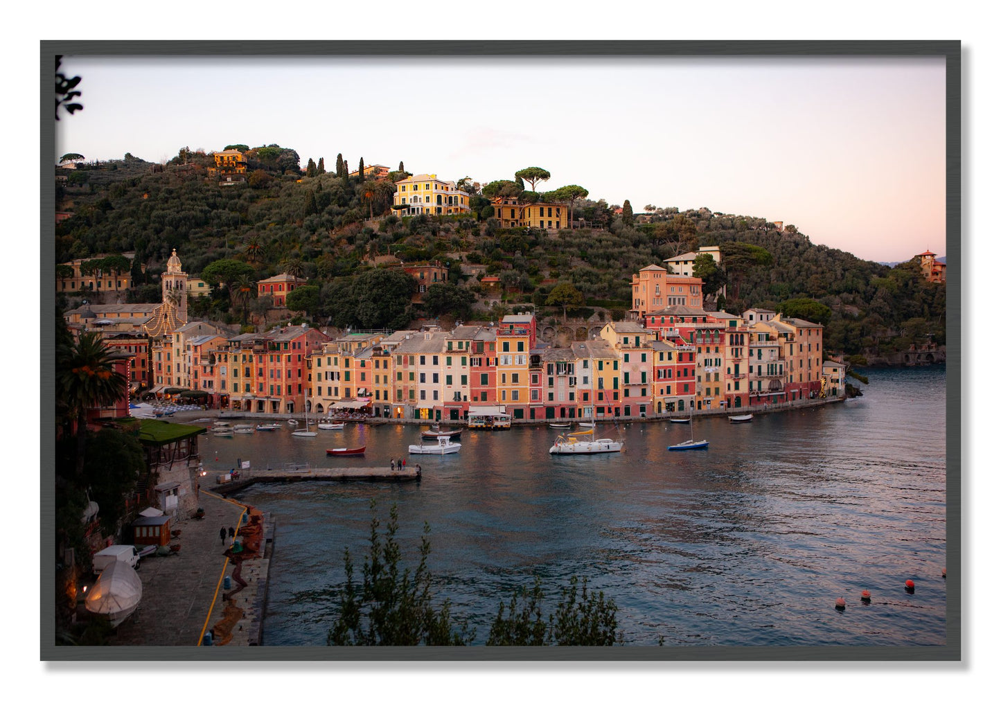 Framed photograph of Portofino Italy by Dylan Ozanich, Grey frame, Full Bleed
