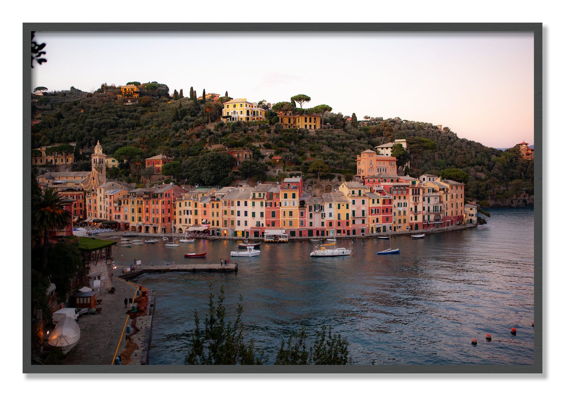 Framed photograph of Portofino Italy by Dylan Ozanich, Grey frame, Full Bleed