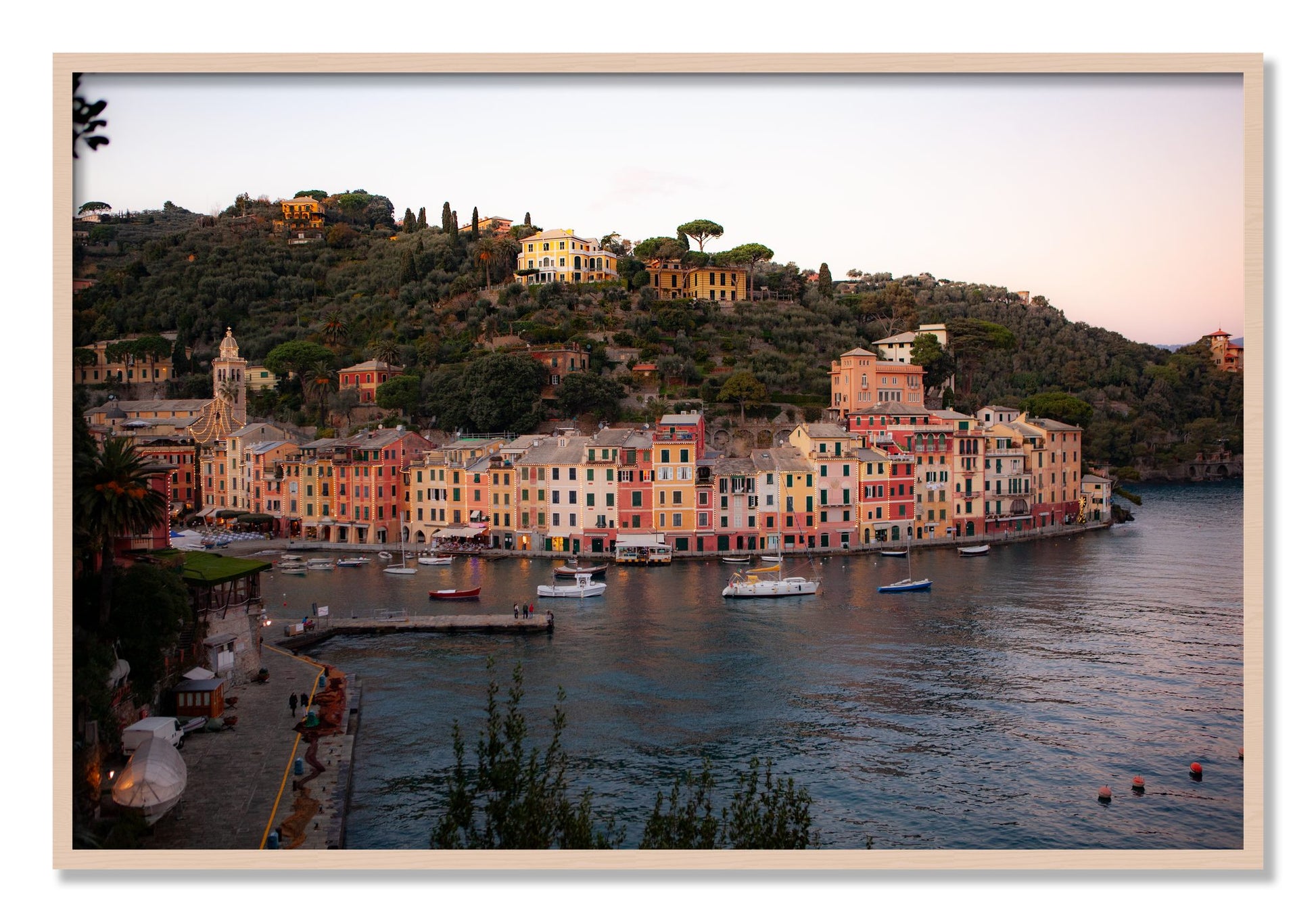Framed photograph of Portofino Italy by Dylan Ozanich, Maple frame, Full Bleed