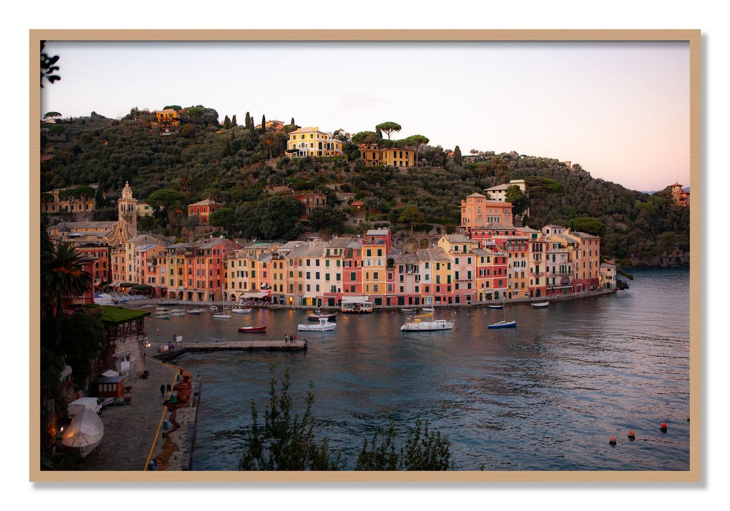 Framed photograph of Portofino Italy by Dylan Ozanich, Oak frame, Full Bleed