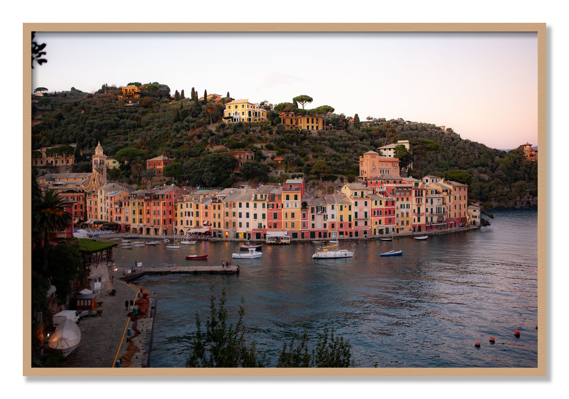 Framed photograph of Portofino Italy by Dylan Ozanich, Oak frame, Full Bleed