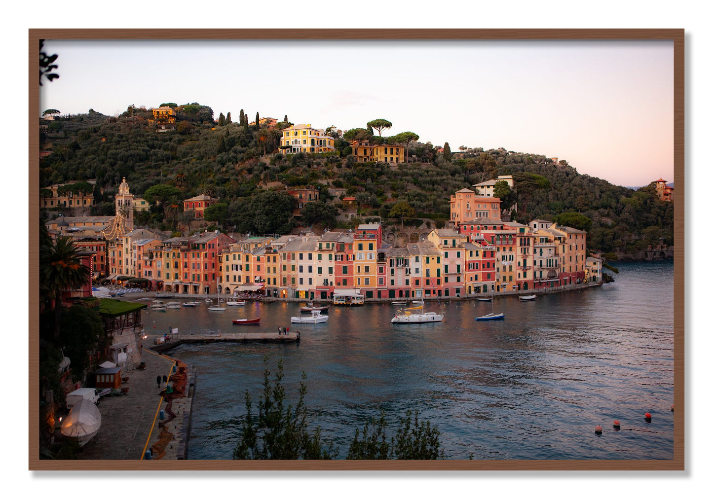 Framed photograph of Portofino Italy by Dylan Ozanich, Walnut frame, Full Bleed