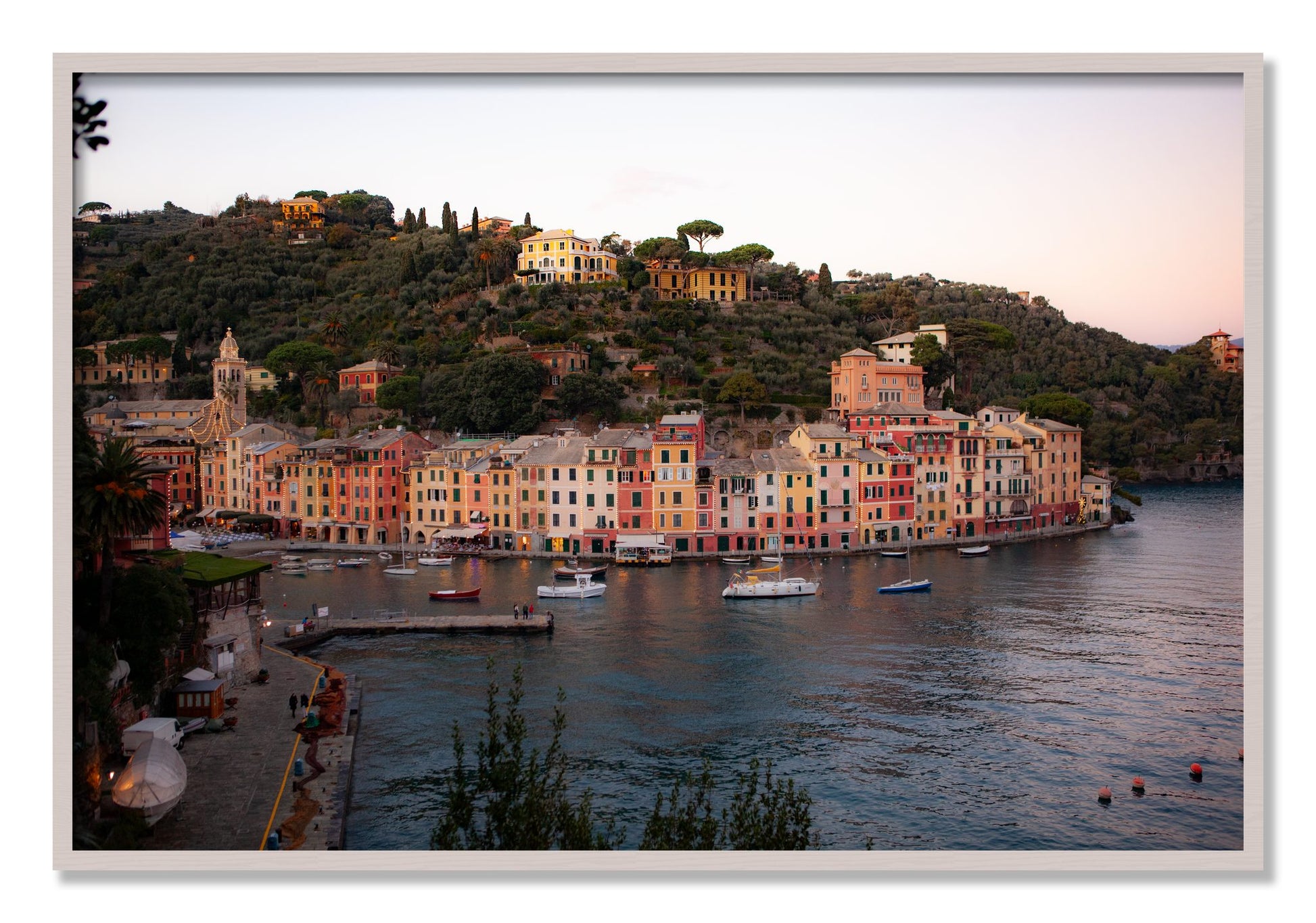 Framed photograph of Portofino Italy by Dylan Ozanich, White Maple frame, Full Bleed