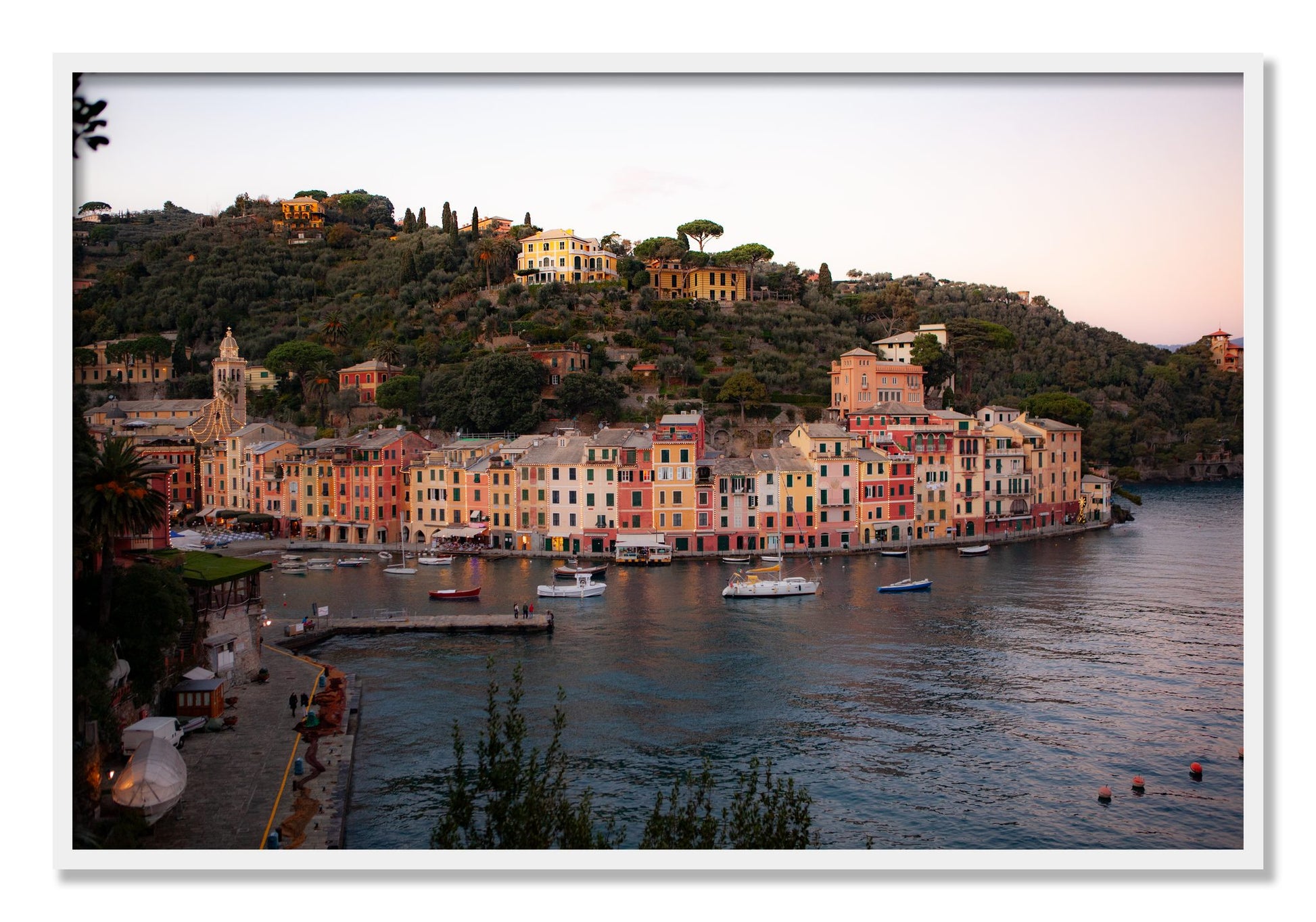 Framed photograph of Portofino Italy by Dylan Ozanich, White frame, Full Bleed
