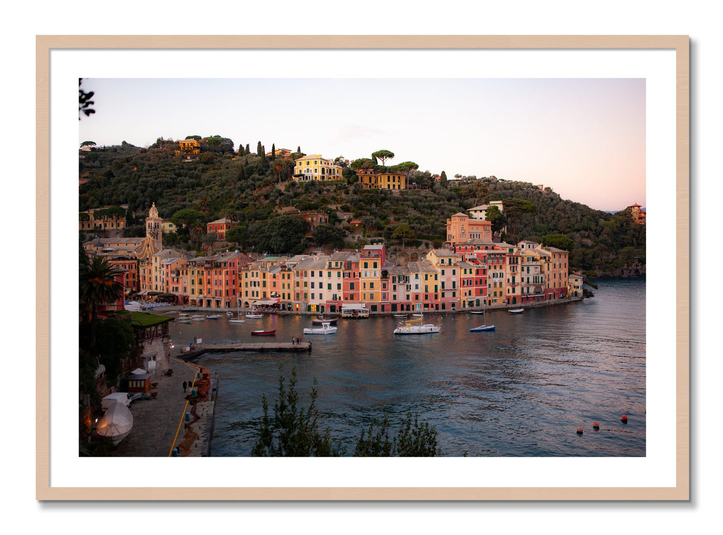 Framed photograph of Portofino Italy by Dylan Ozanich, Maple frame, Borders