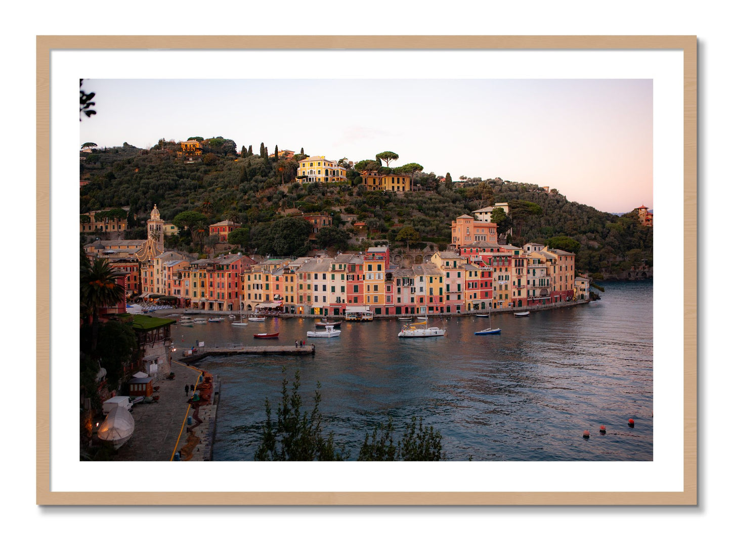 Framed photograph of Portofino Italy by Dylan Ozanich, Oak frame, Borders