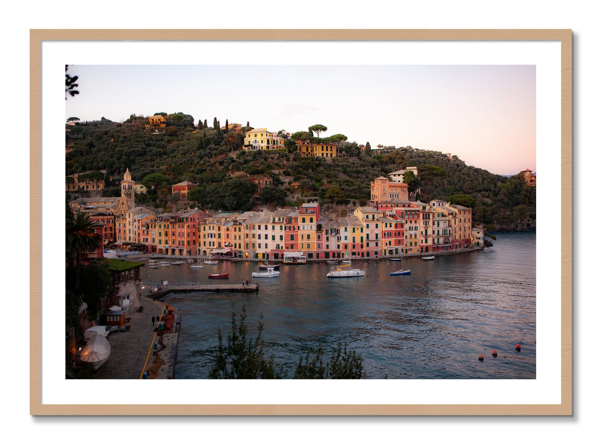 Framed photograph of Portofino Italy by Dylan Ozanich, Oak frame, Borders
