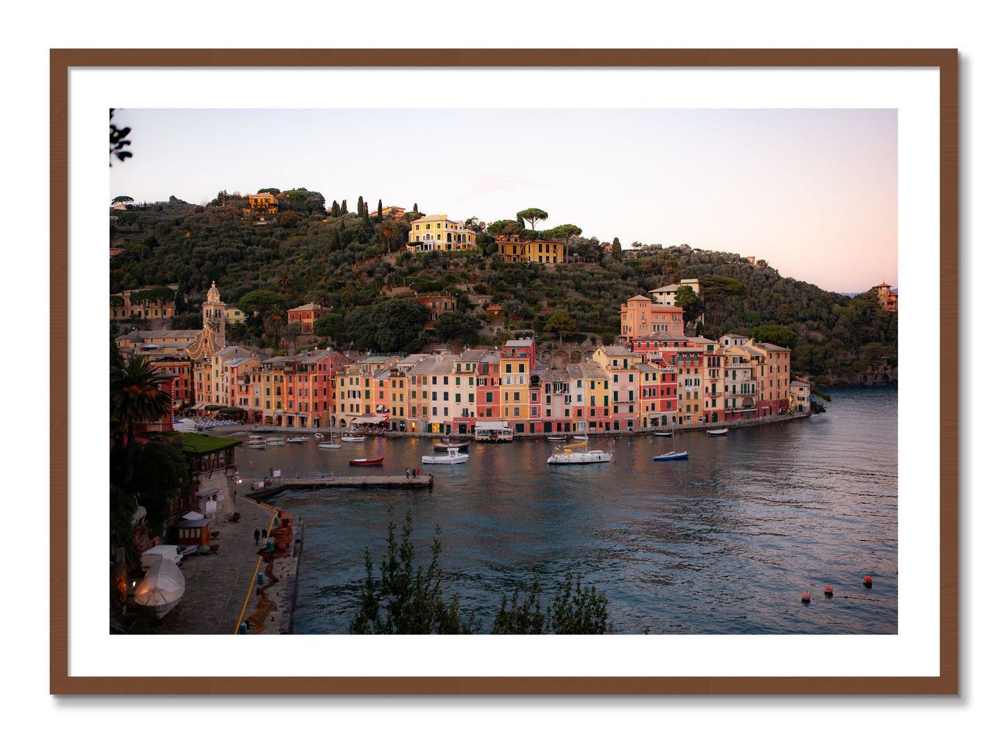 Framed photograph of Portofino Italy by Dylan Ozanich, Walnut frame, Borders