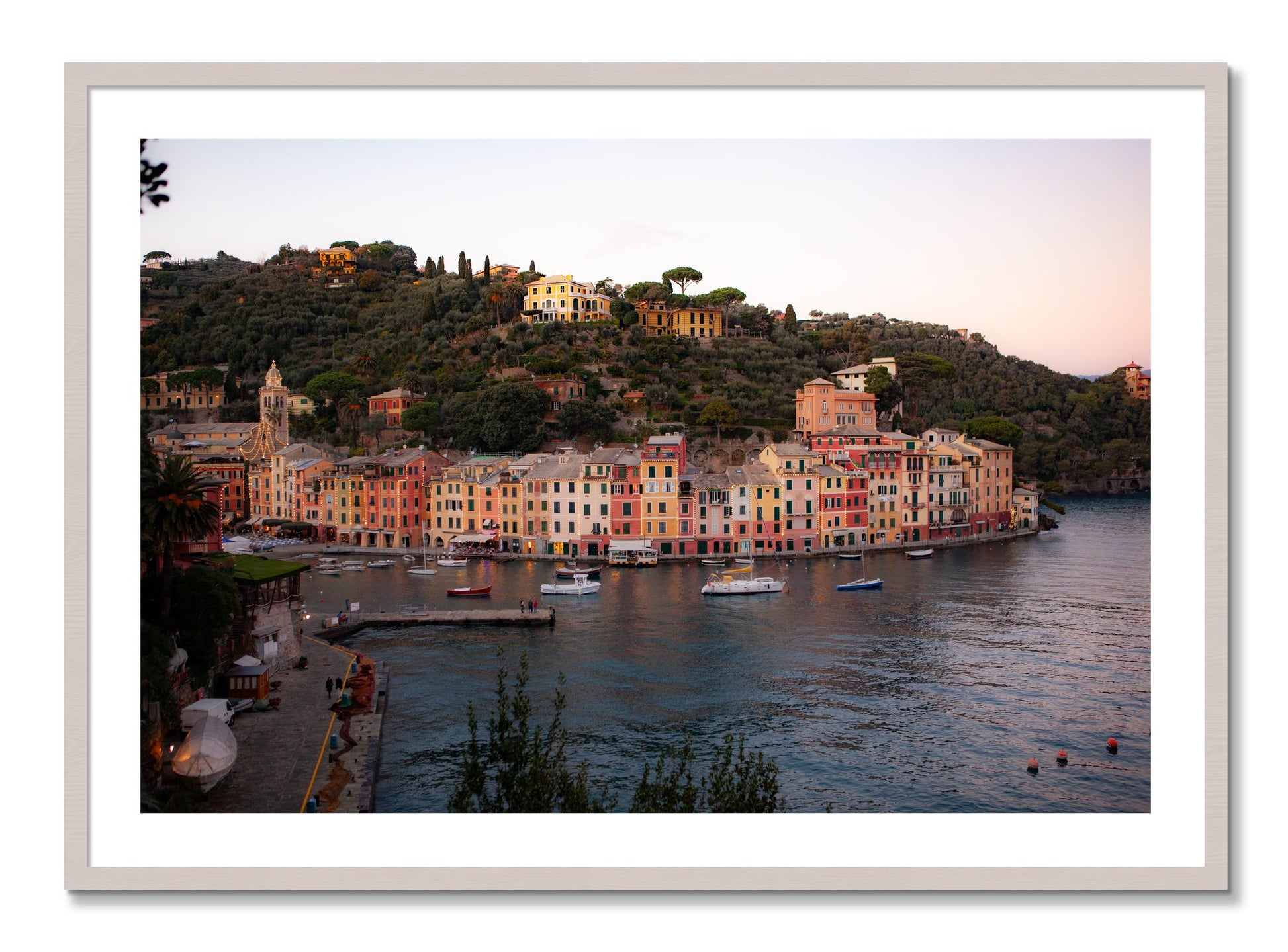 Framed photograph of Portofino Italy by Dylan Ozanich, White Maple frame, Borders