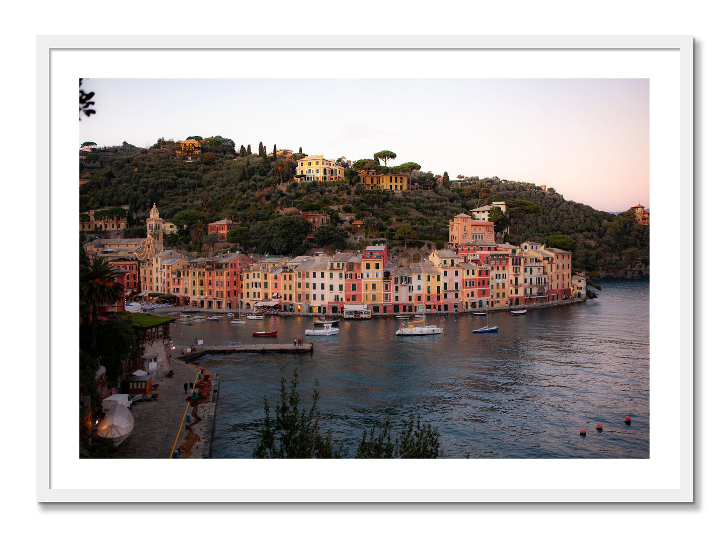 Framed photograph of Portofino Italy by Dylan Ozanich, White frame, Borders