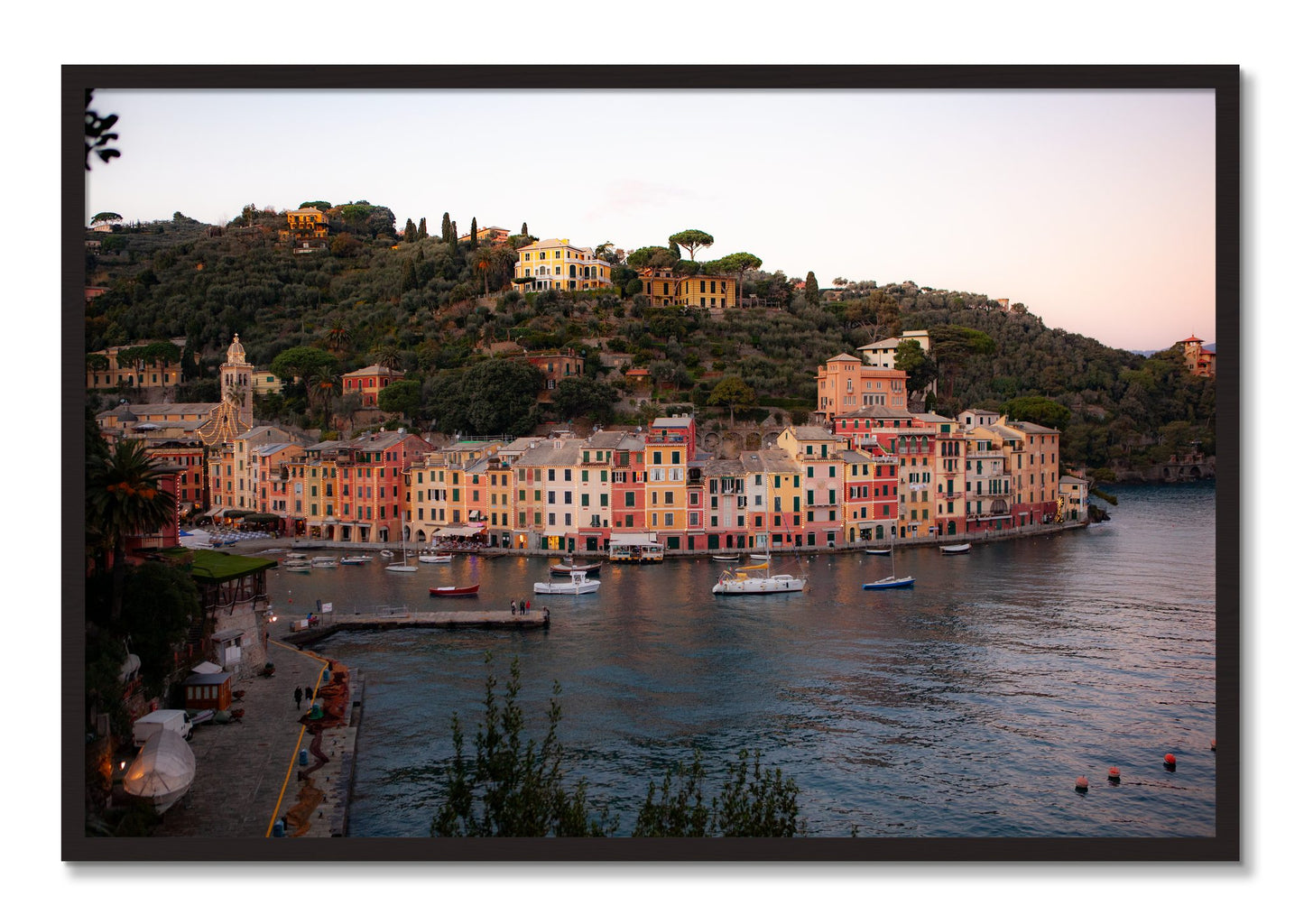 Framed photograph of Portofino Italy by Dylan Ozanich, Black Walnut frame, Full Bleed