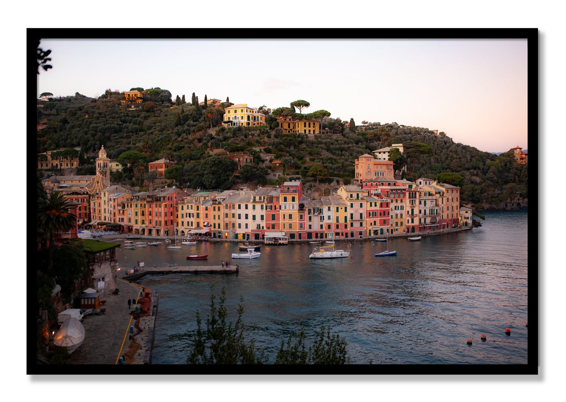 Framed photograph of Portofino Italy by Dylan Ozanich, Black frame, Full Bleed