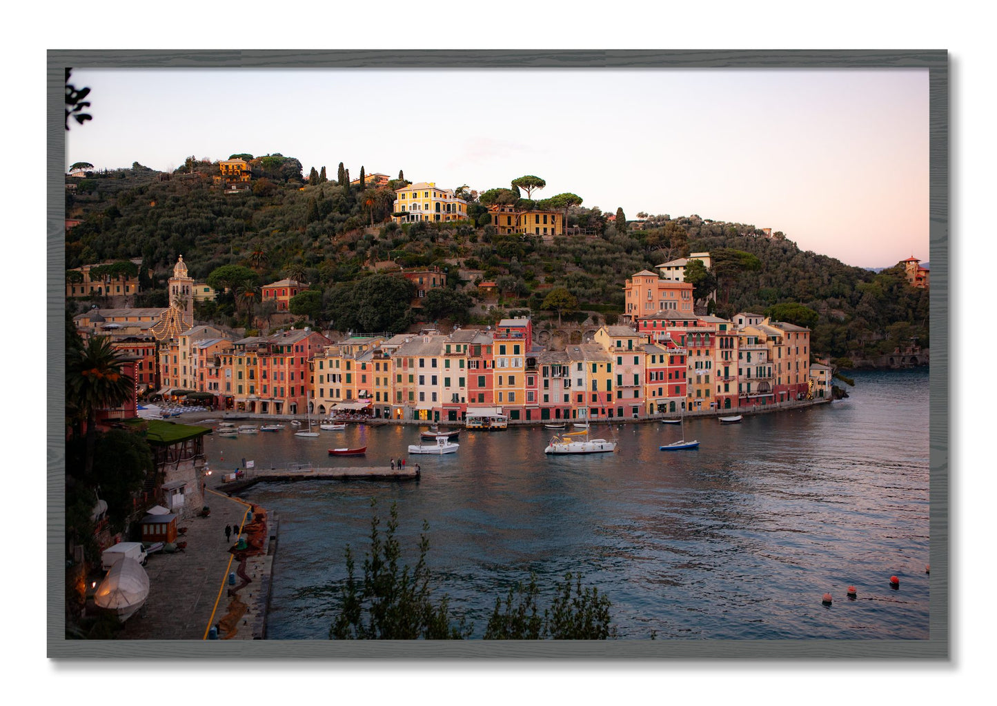 Framed photograph of Portofino Italy by Dylan Ozanich, Grey frame, Full Bleed