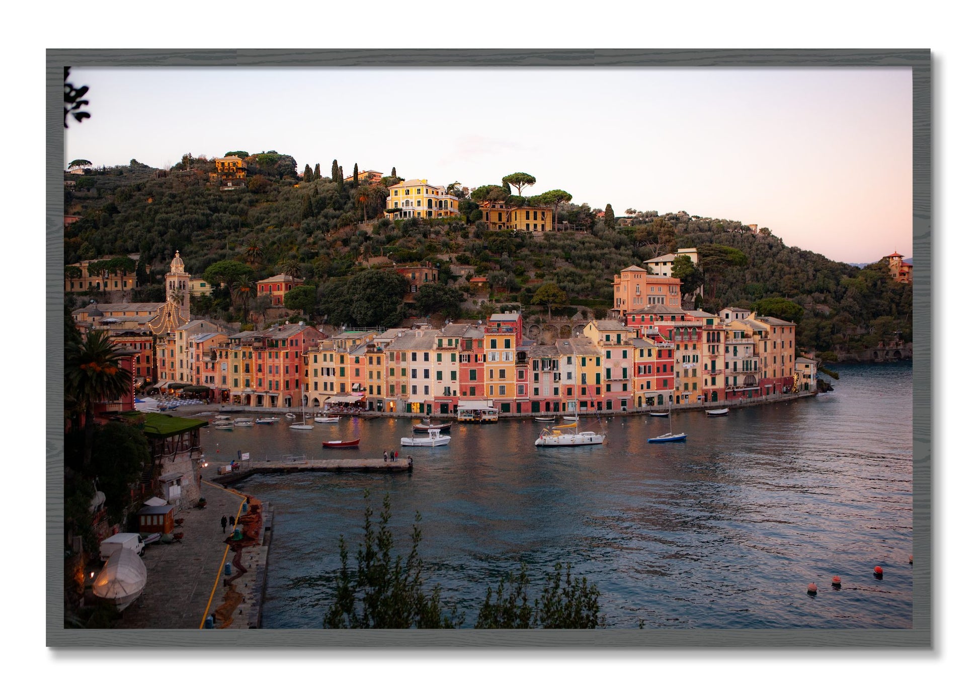Framed photograph of Portofino Italy by Dylan Ozanich, Grey frame, Full Bleed